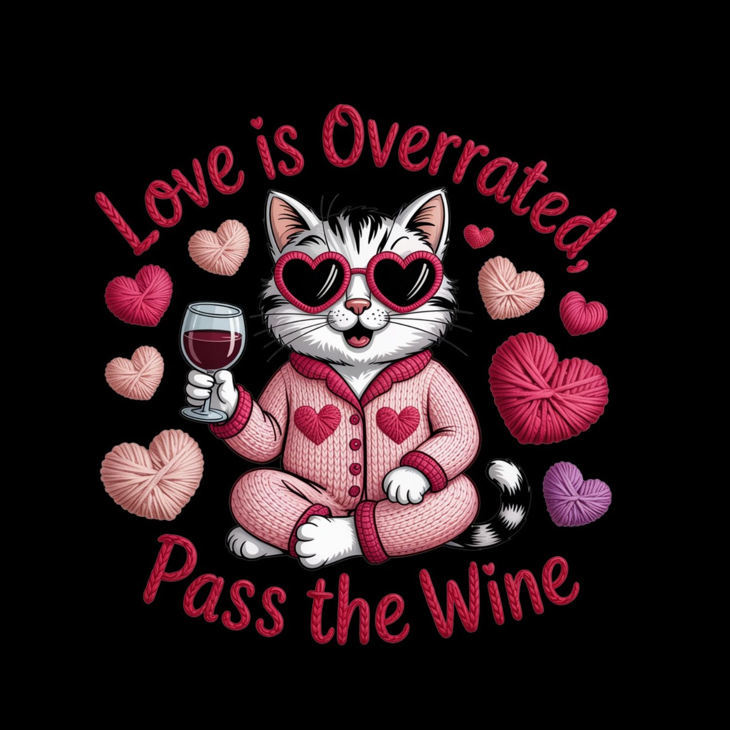 Love Is Overrated Pass the Wine T-Shirt| Cat Kitty Kitten | Yarn Knitting Crochet