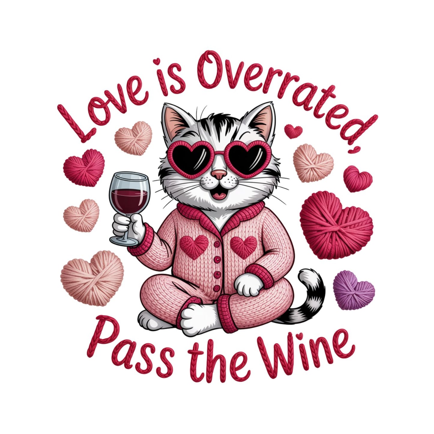 Love Is Overrated Pass the Wine T-Shirt| Cat Kitty Kitten | Yarn Knitting Crochet