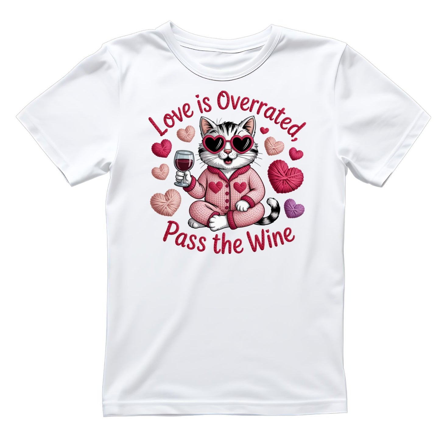 Love Is Overrated Pass the Wine T-Shirt| Cat Kitty Kitten | Yarn Knitting Crochet