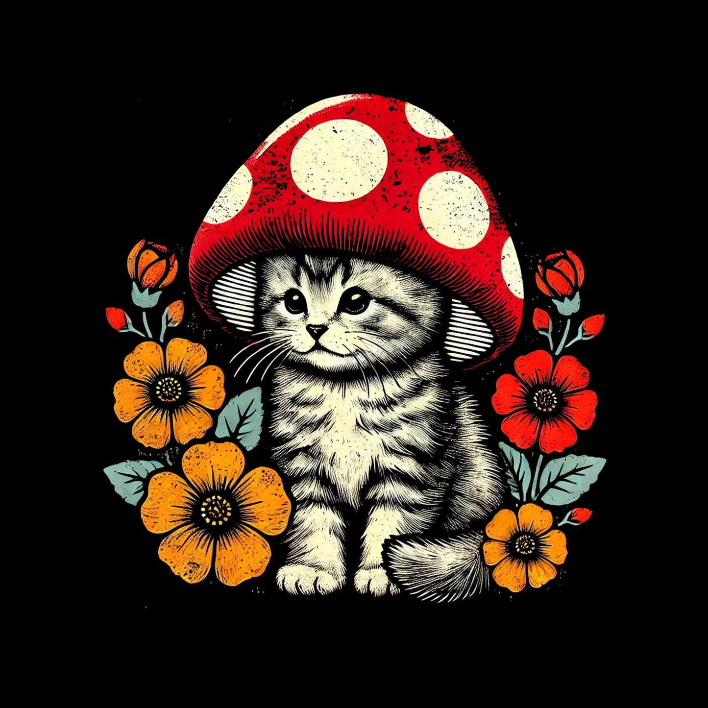 Mushroom Hat Cat With flowers T-Shirt| Kitty Kitten | Nature