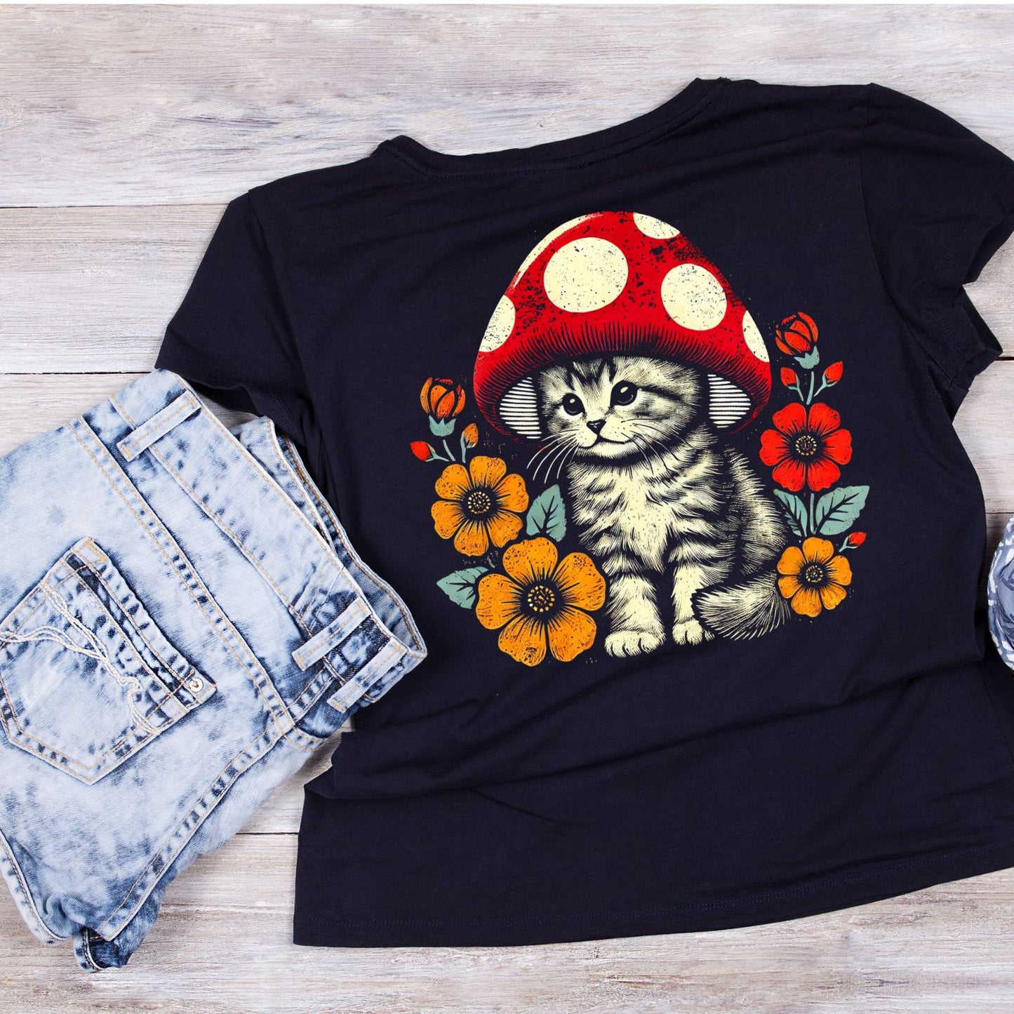 Mushroom Hat Cat With flowers T-Shirt| Kitty Kitten | Nature
