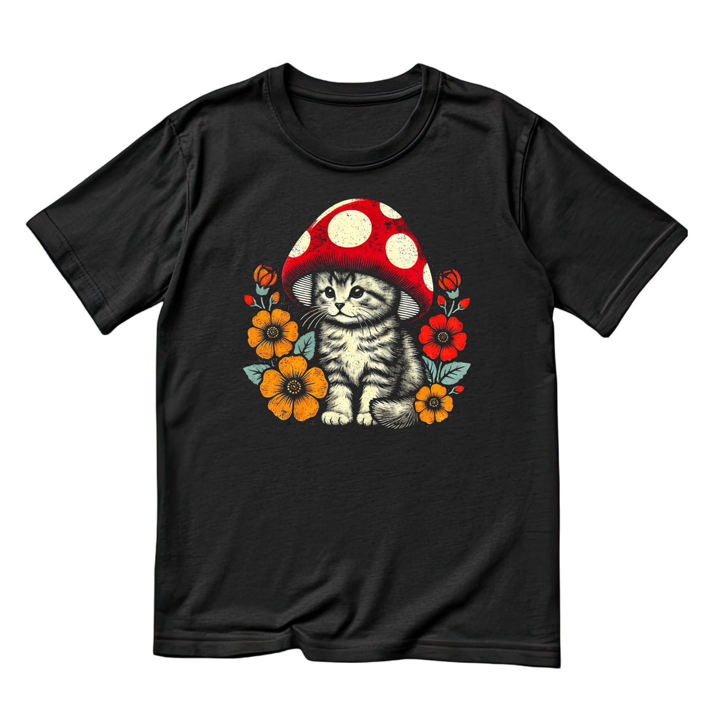 Mushroom Hat Cat With flowers T-Shirt| Kitty Kitten | Nature