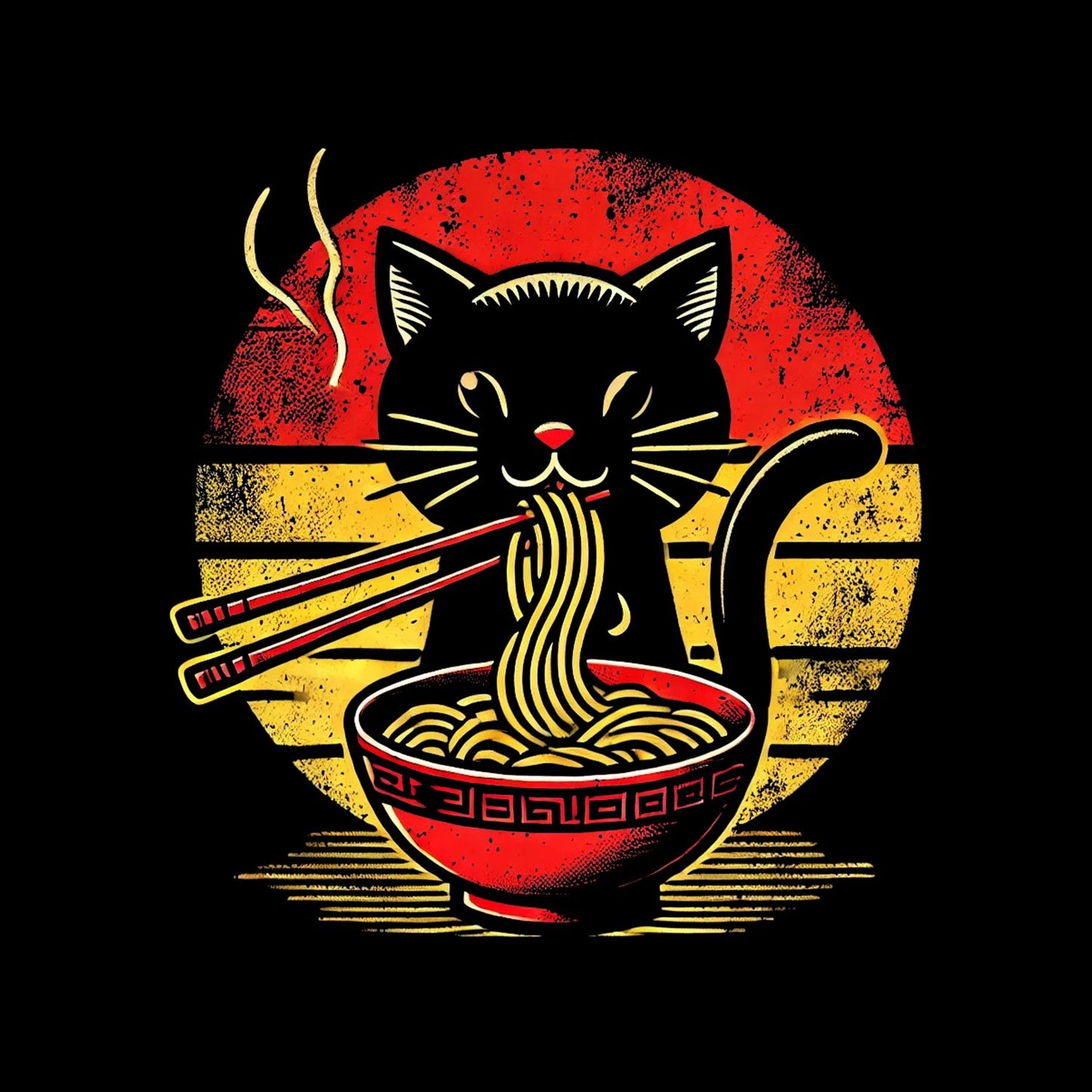 Cat Eating Bowl Of Ramen Noodles With Chop Sticks T-Shirt| Kitty Kitten | Black Cat