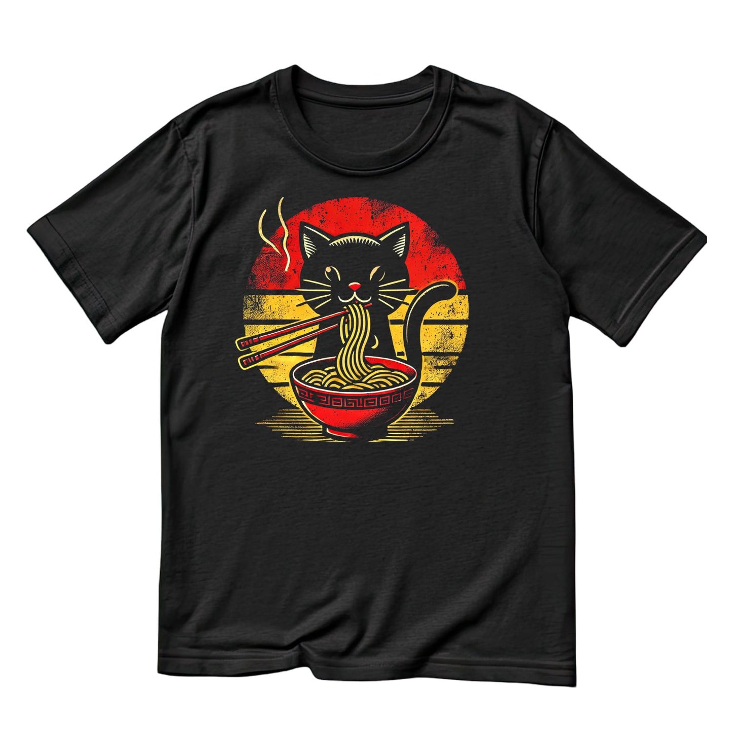 Cat Eating Bowl Of Ramen Noodles With Chop Sticks T-Shirt| Kitty Kitten | Black Cat