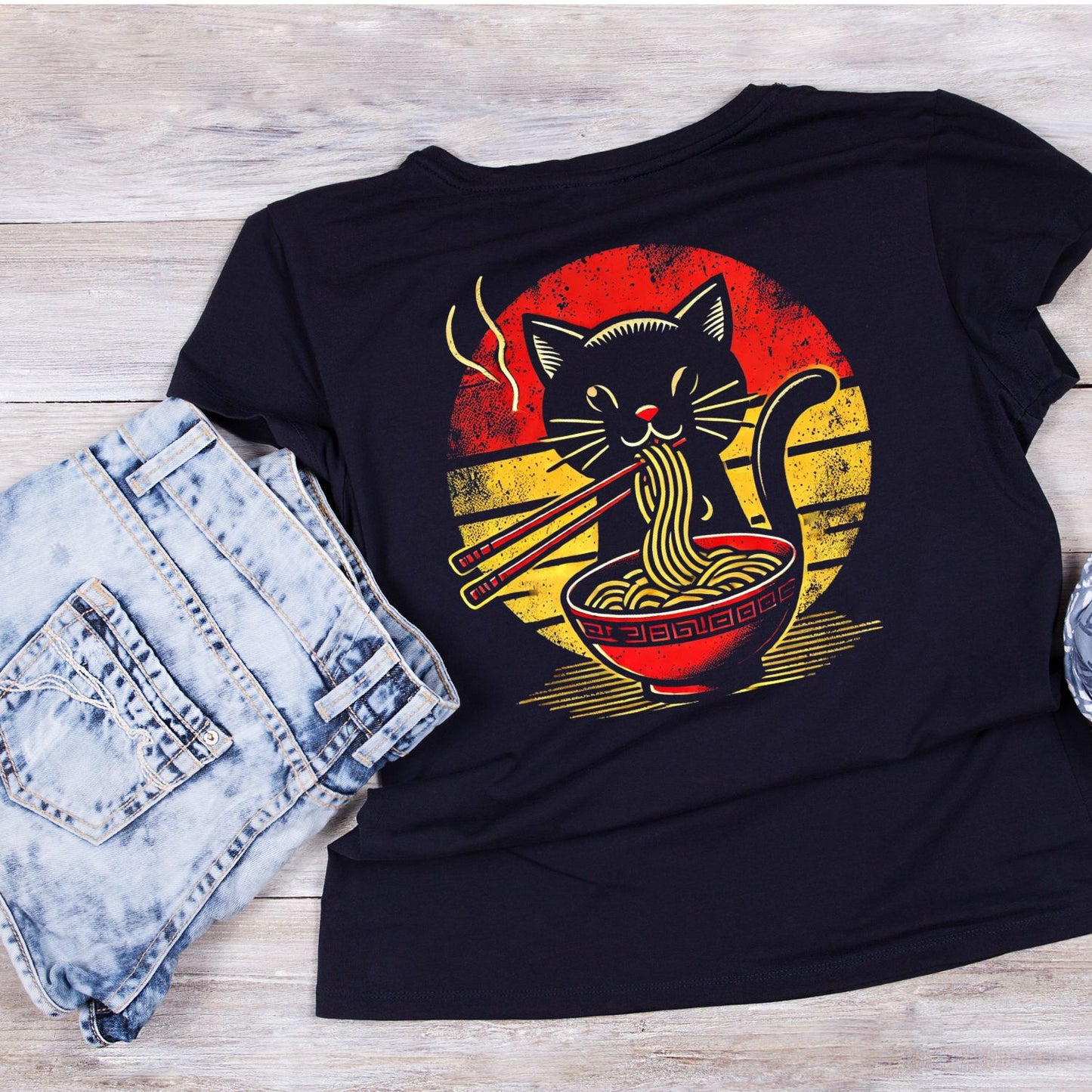 Cat Eating Bowl Of Ramen Noodles With Chop Sticks T-Shirt| Kitty Kitten | Black Cat