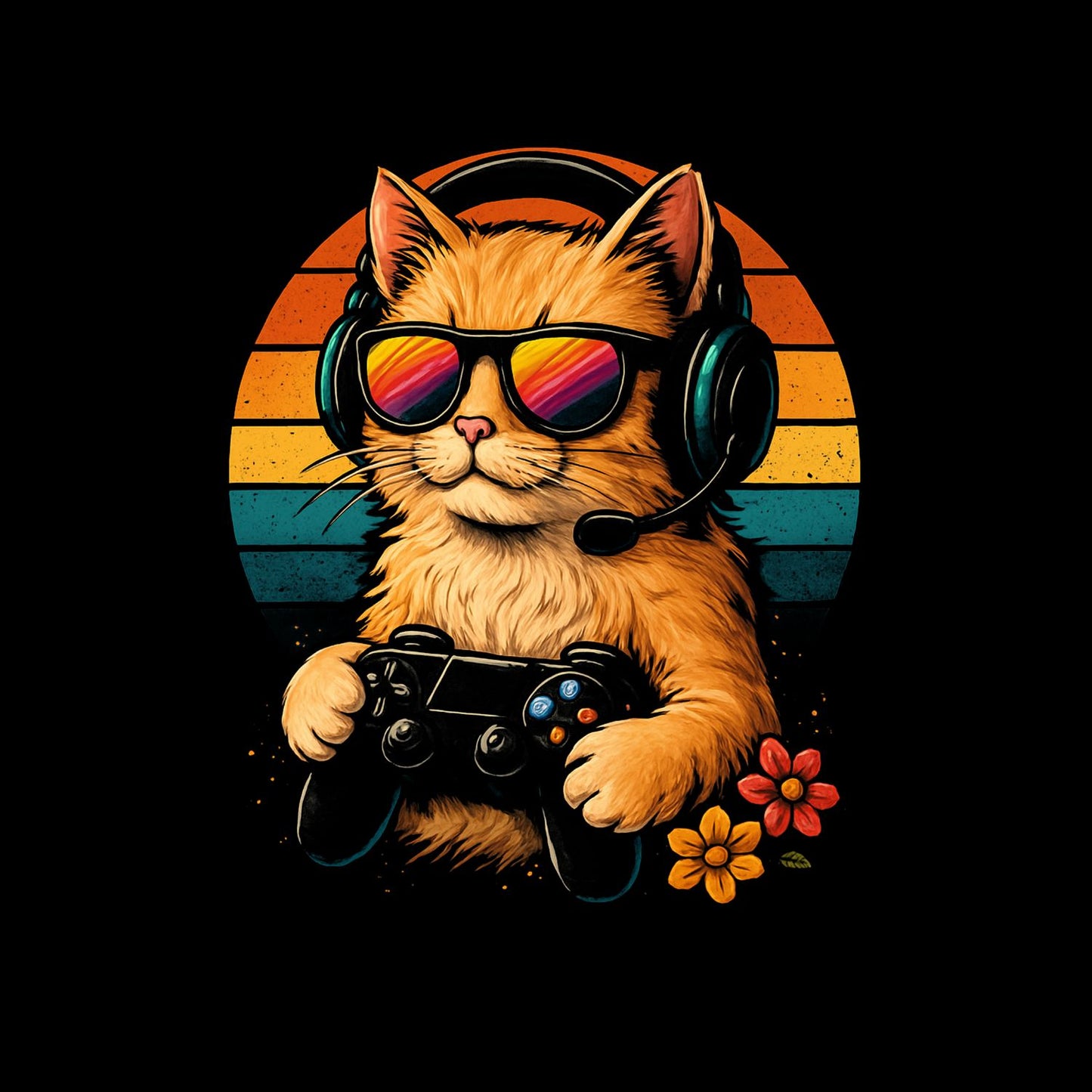 Gaming Cat Wearing Sunglasses T-Shirt| Kitty Kitten | Game Controller & Headset