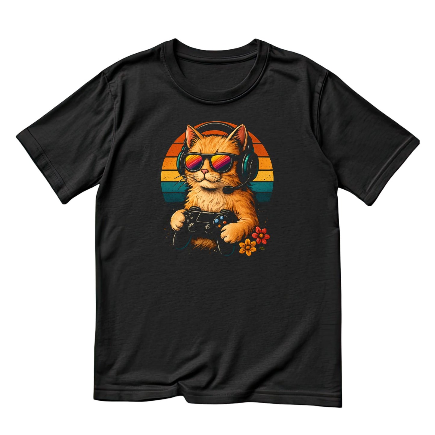 Gaming Cat Wearing Sunglasses T-Shirt| Kitty Kitten | Game Controller & Headset