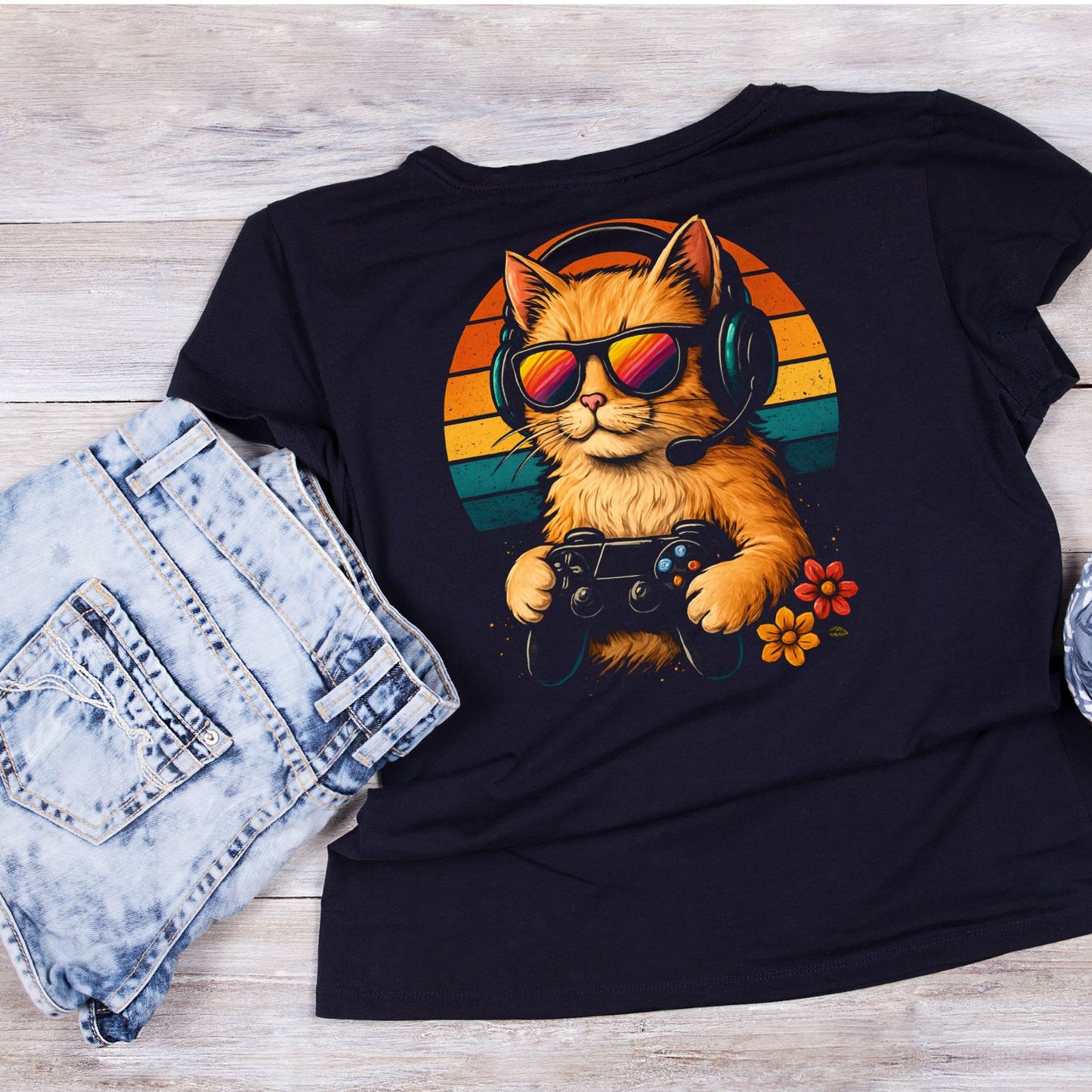 Gaming Cat Wearing Sunglasses T-Shirt| Kitty Kitten | Game Controller & Headset