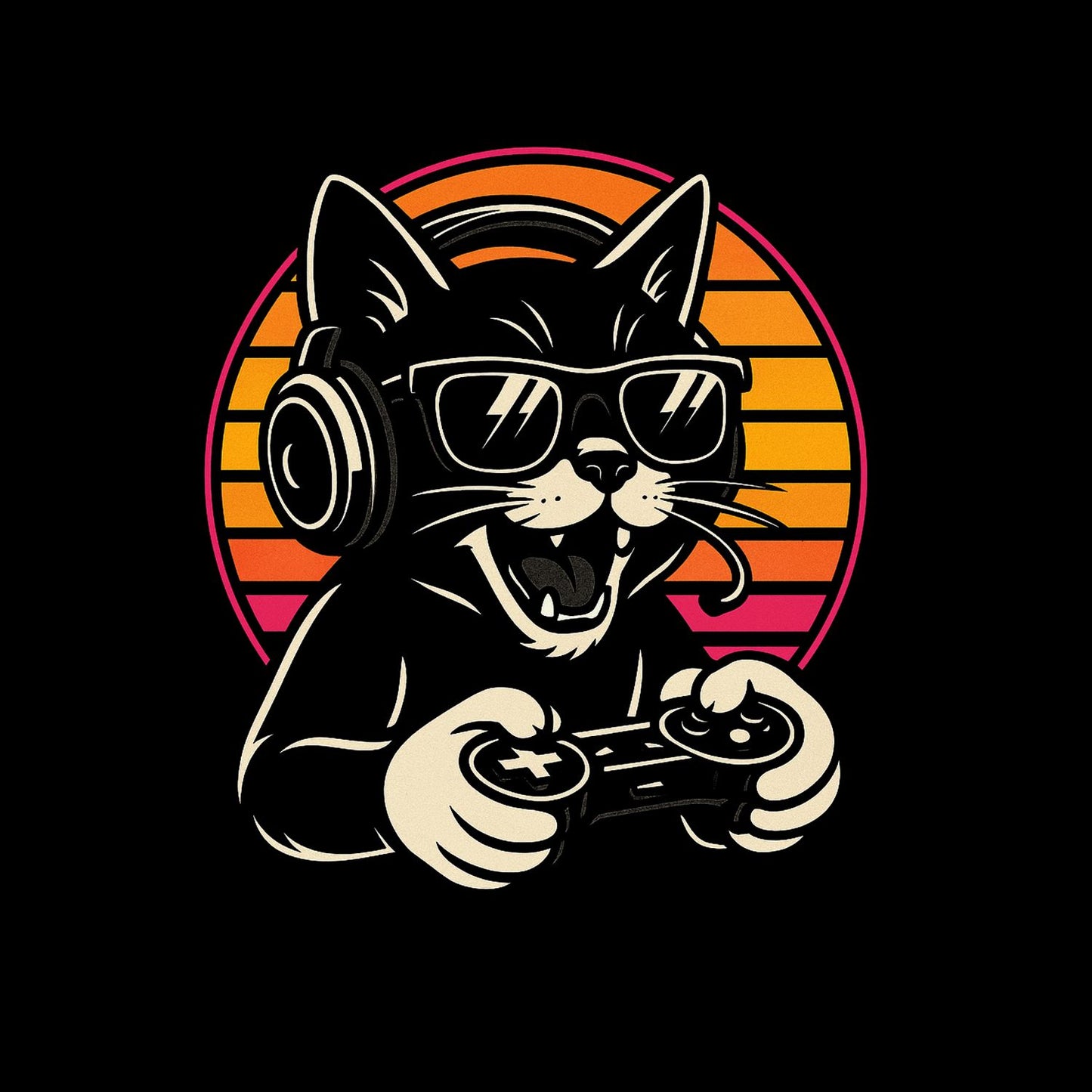 Gaming Cat Wearing Sunglasses T-Shirt| Kitty Kitten | black Cat | Game Controller & Headset