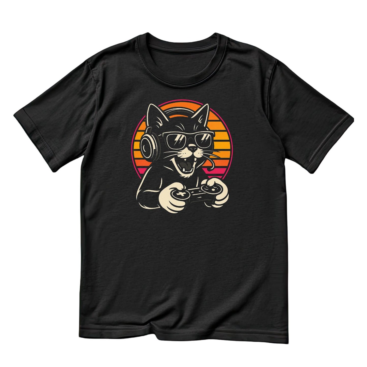 Gaming Cat Wearing Sunglasses T-Shirt| Kitty Kitten | black Cat | Game Controller & Headset