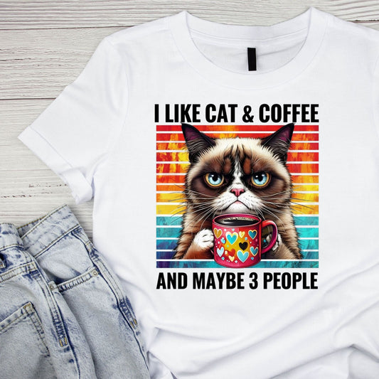 I Like Cat & Coffee And Maybe 3 People T-Shirt| Cat Kitty Kitten | Joke Sarcastic Funny