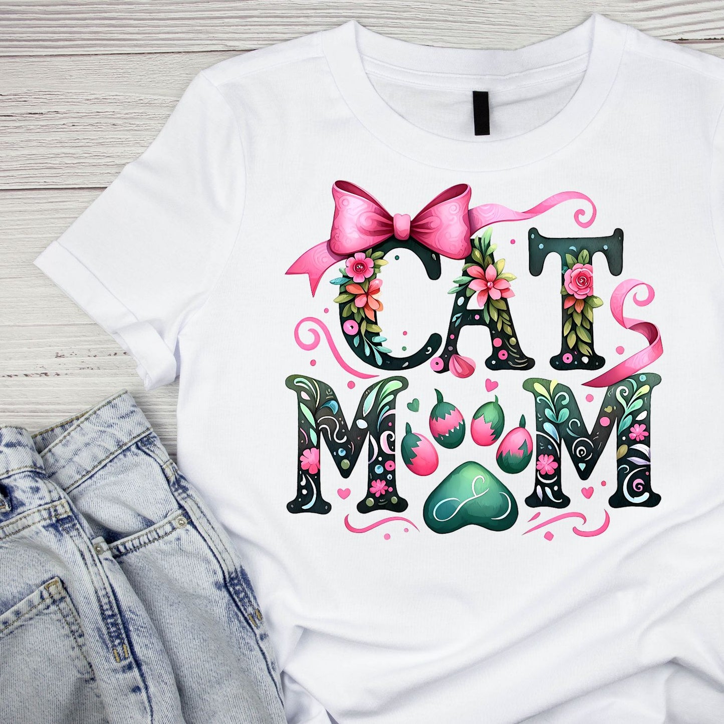 Cat Mom Bows & Pink T-Shirt| Cat Kitty Kitten | Mother’s Day
