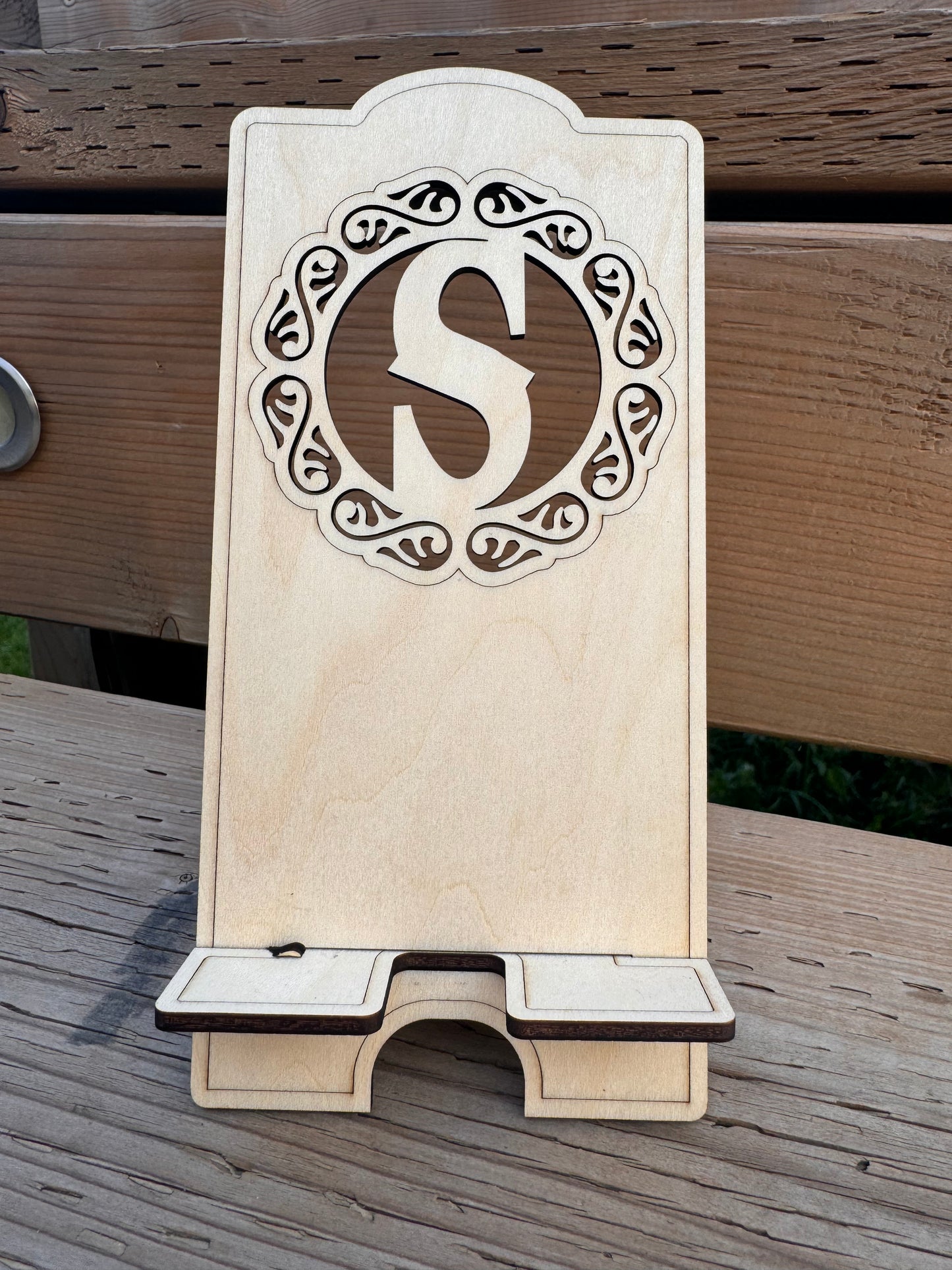 Customize With Your Intial Wood Cell Phone Holder with Charging Spot