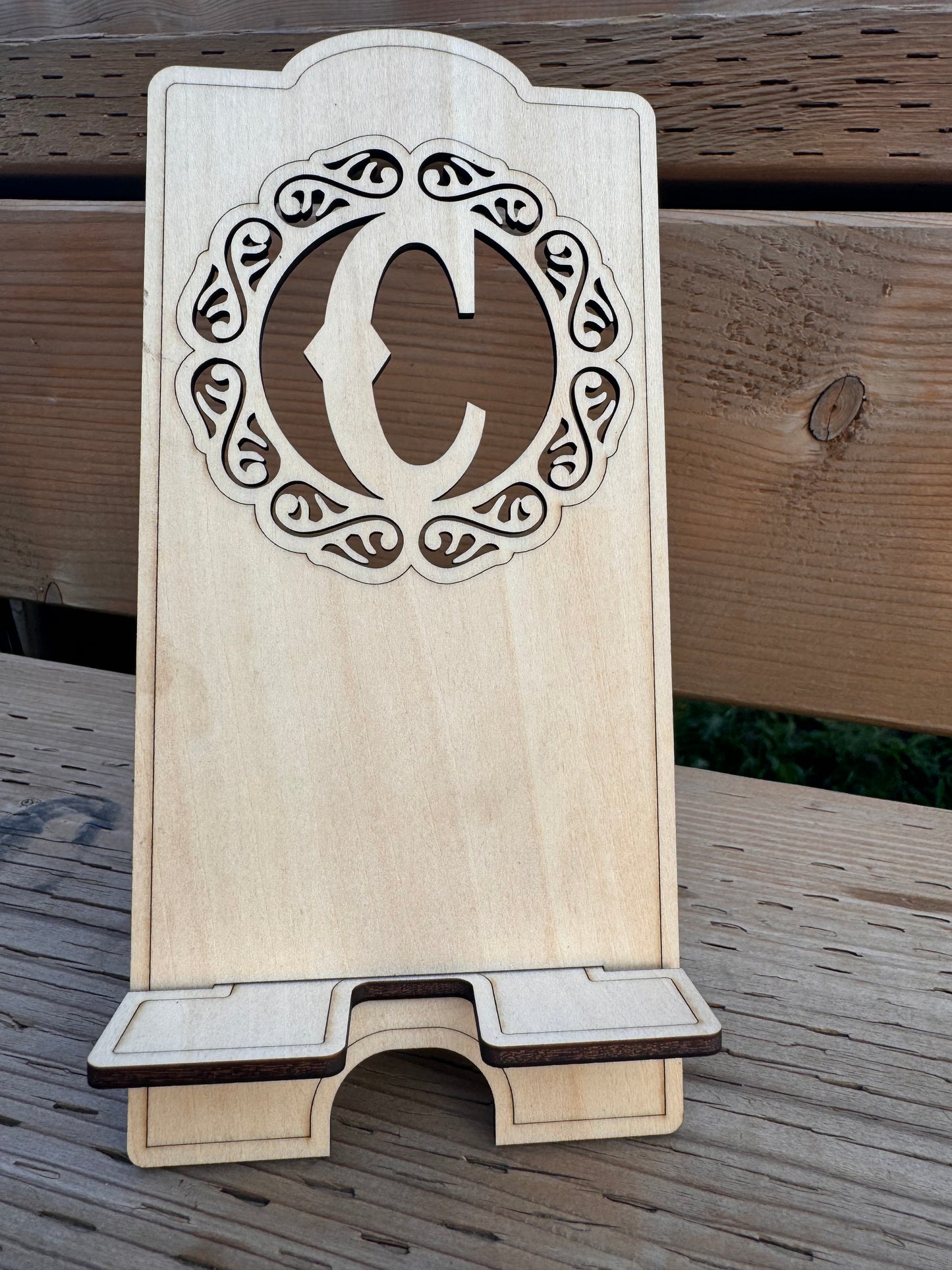 Customize With Your Intial Wood Cell Phone Holder with Charging Spot