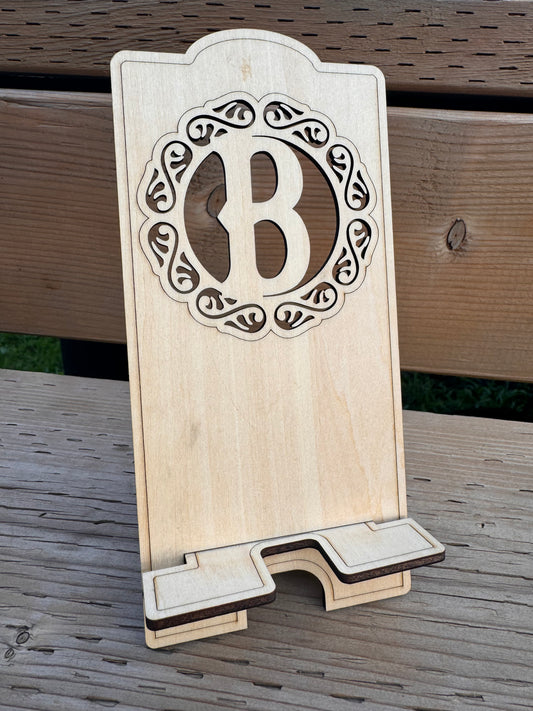 Customize With Your Intial Wood Cell Phone Holder with Charging Spot