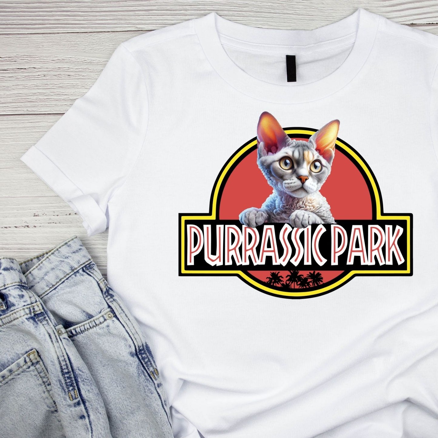 Purrasic Park Devon Rex Cat T-Shirt| Cat Kitty Kitten |