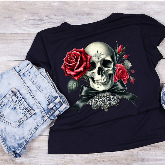 Lacebound Bones T-Shirt| Skull Roses Lace Black Ribbon | Gothic | Dark Valentine