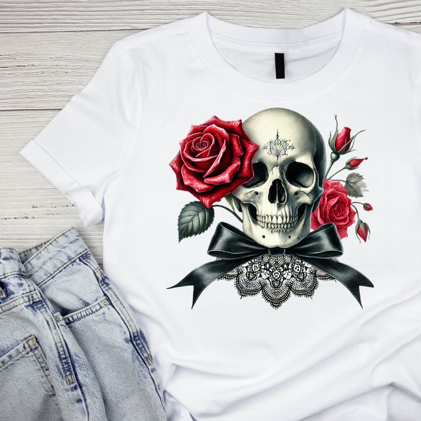 Lacebound Bones T-Shirt| Skull Roses Lace Black Ribbon | Gothic | Dark Valentine