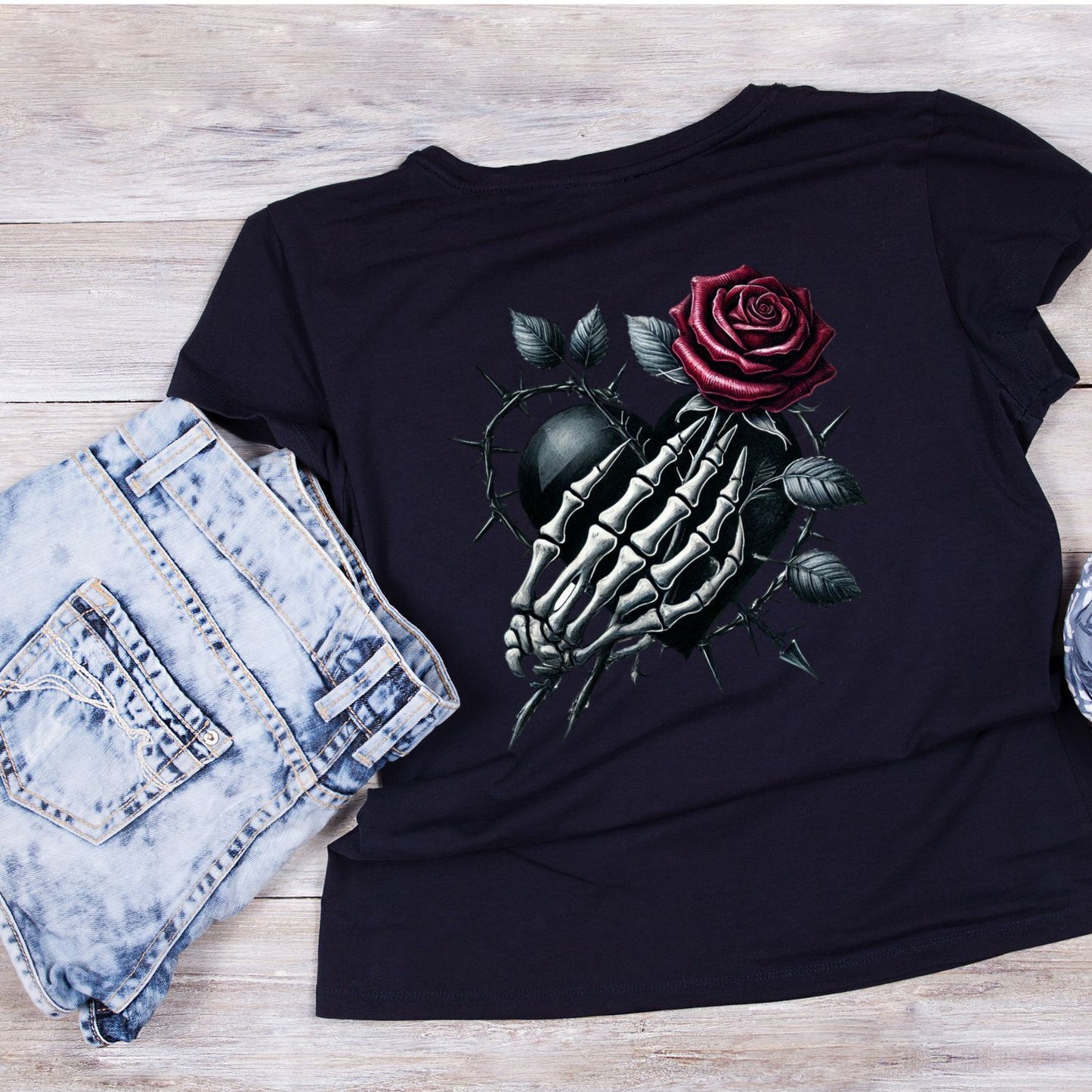 Deadly Offering T-Shirt| Skeleton Hand Roses Lace Black Ribbon | Gothic | Dark Valentine