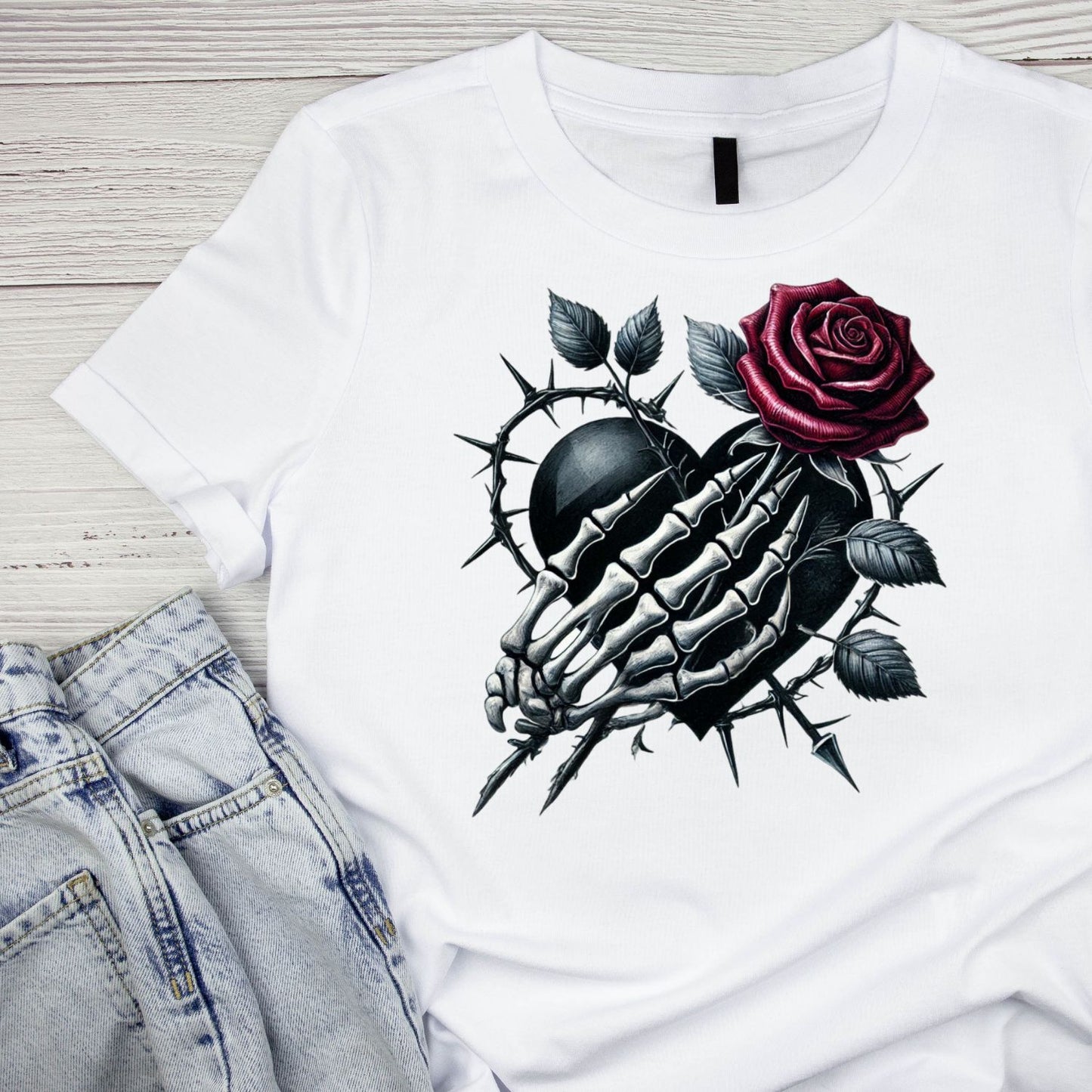 Deadly Offering T-Shirt| Skeleton Hand Roses Lace Black Ribbon | Gothic | Dark Valentine
