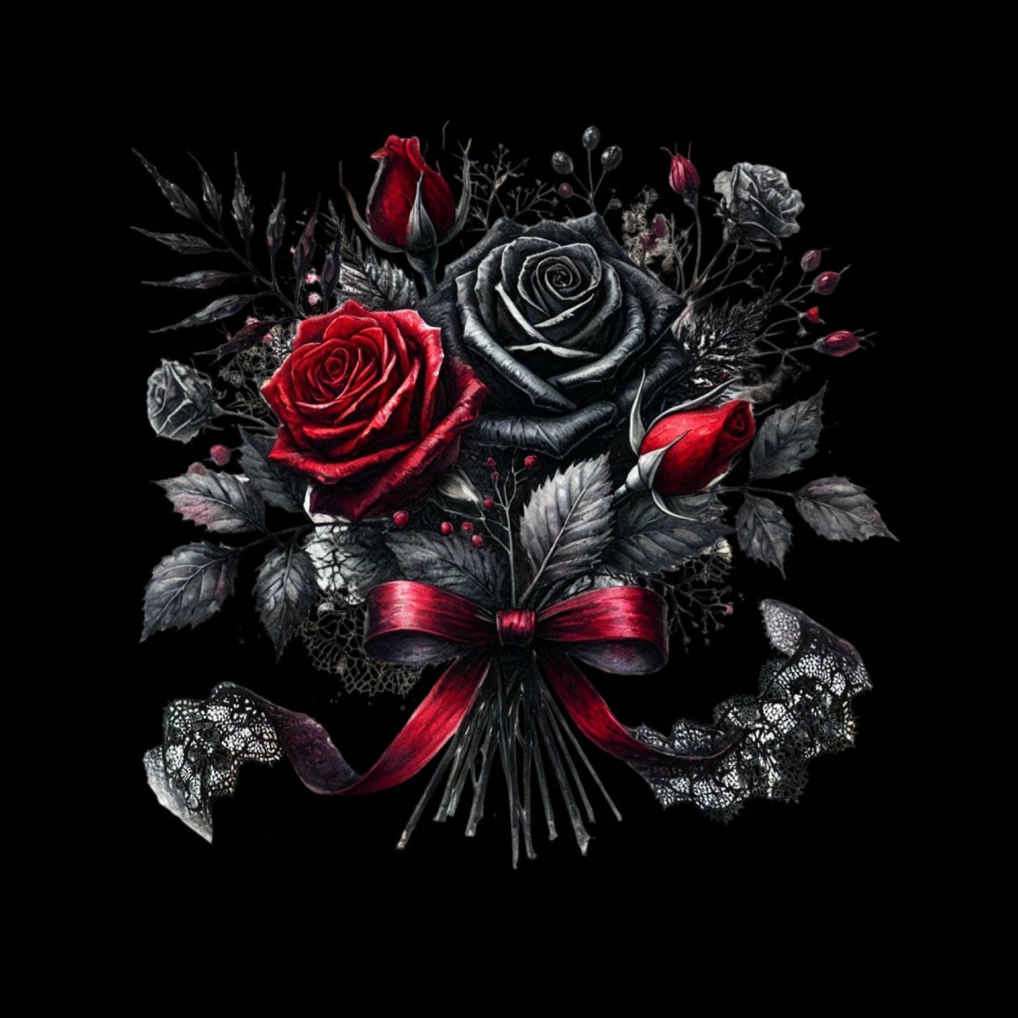 Crimson Lace Bouquet T-Shirt| Roses Lace Black Ribbon | Gothic | Dark Valentine