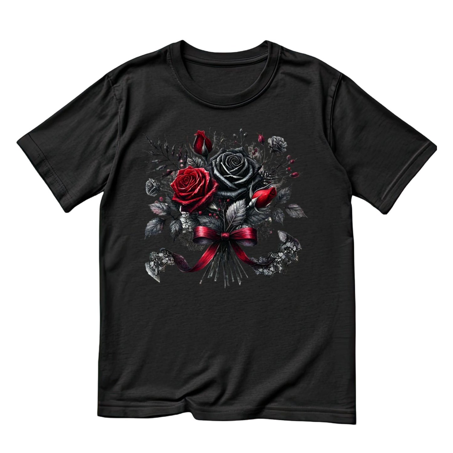 Crimson Lace Bouquet T-Shirt| Roses Lace Black Ribbon | Gothic | Dark Valentine