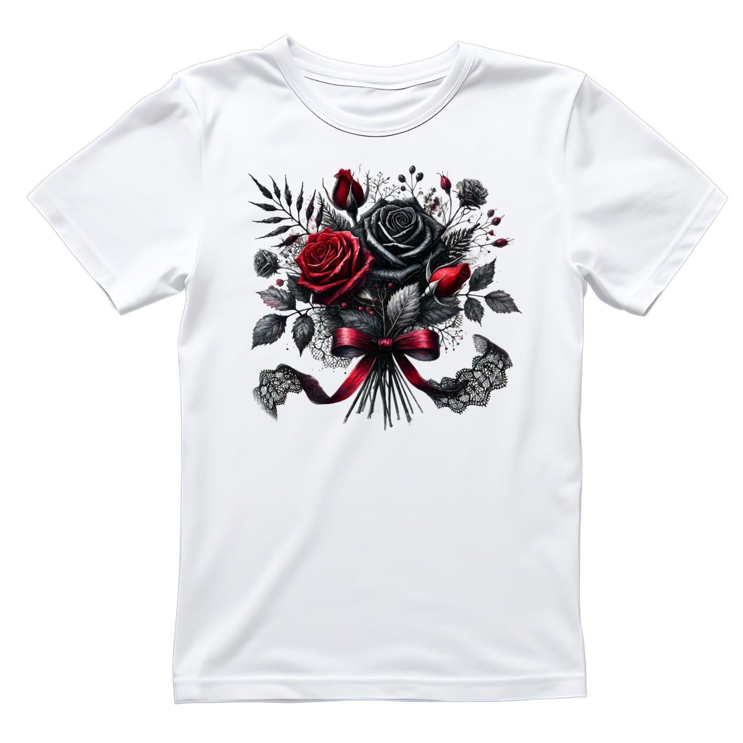 Crimson Lace Bouquet T-Shirt| Roses Lace Black Ribbon | Gothic | Dark Valentine