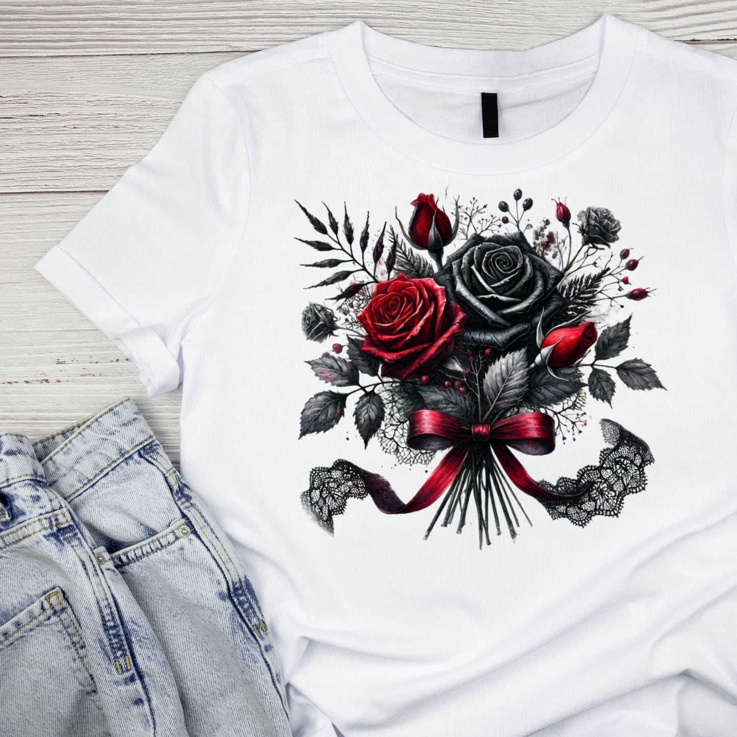 Crimson Lace Bouquet T-Shirt| Roses Lace Black Ribbon | Gothic | Dark Valentine