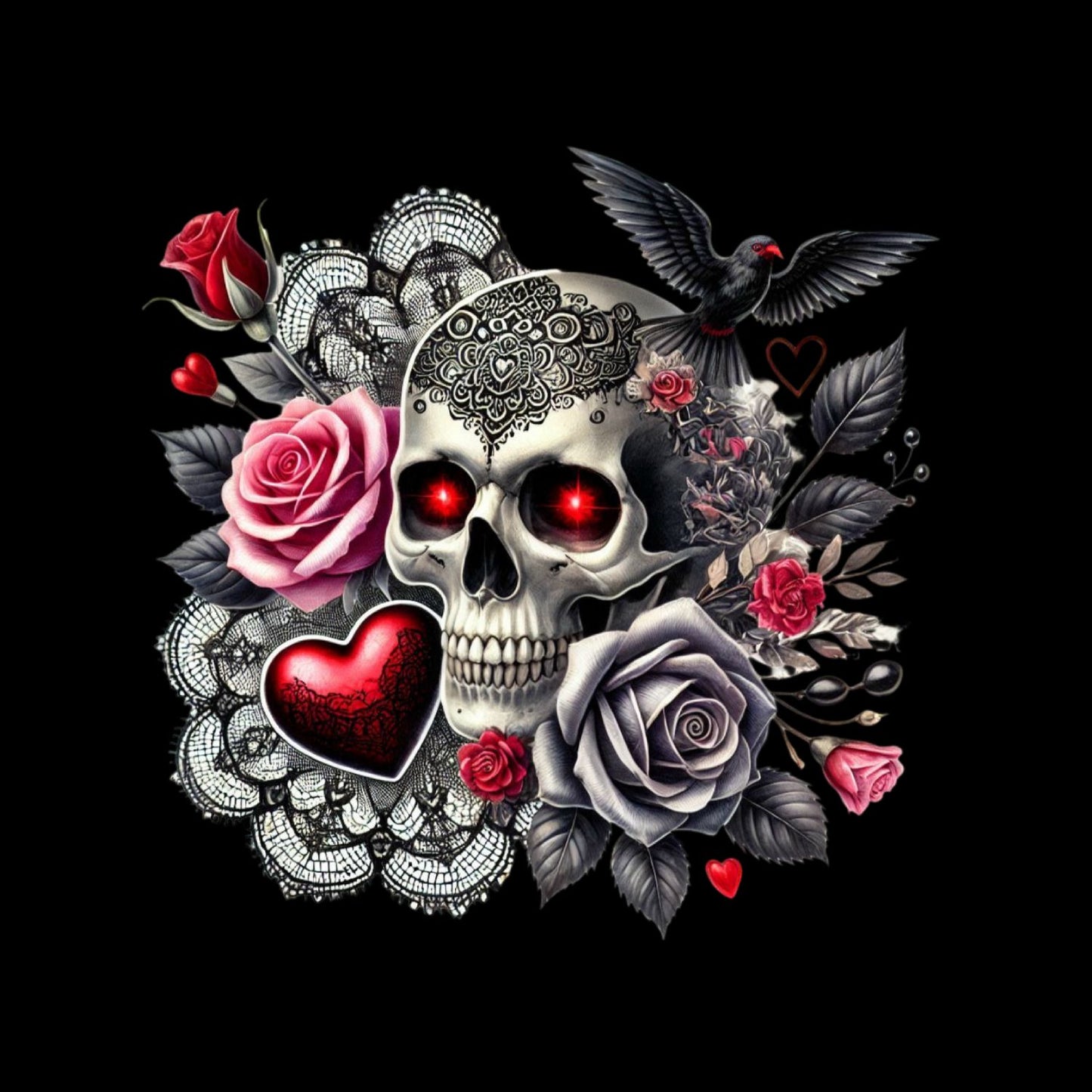 Victorian Death Lace T-Shirt| Skull Roses Red & Black Crow Doily | Gothic | Dark Valentine
