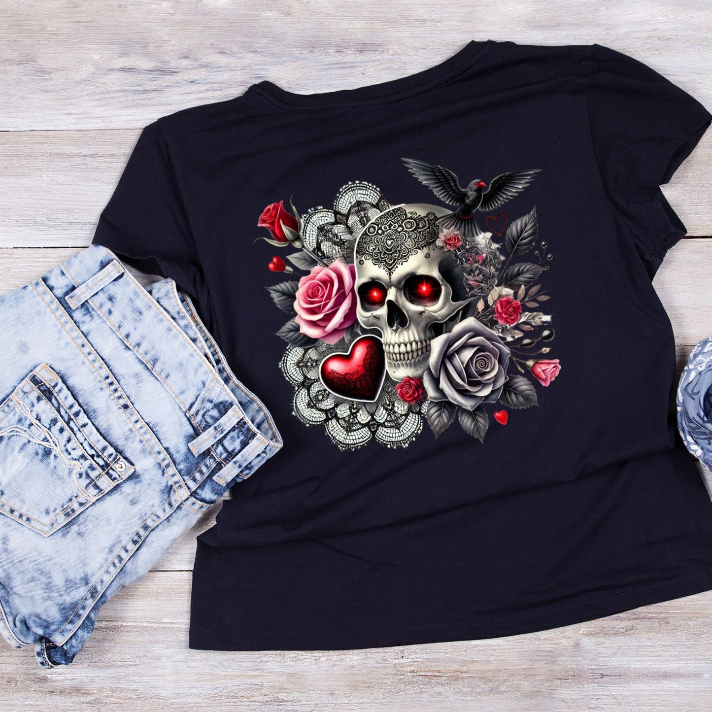 Victorian Death Lace T-Shirt| Skull Roses Red & Black Crow Doily | Gothic | Dark Valentine