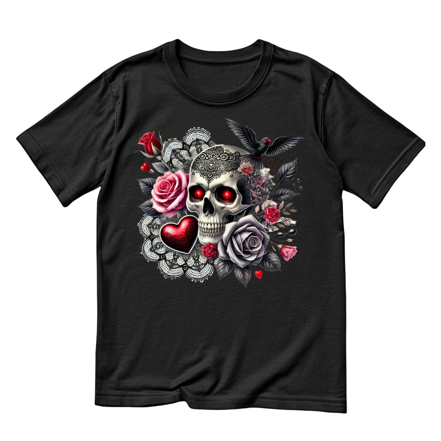 Victorian Death Lace T-Shirt| Skull Roses Red & Black Crow Doily | Gothic | Dark Valentine