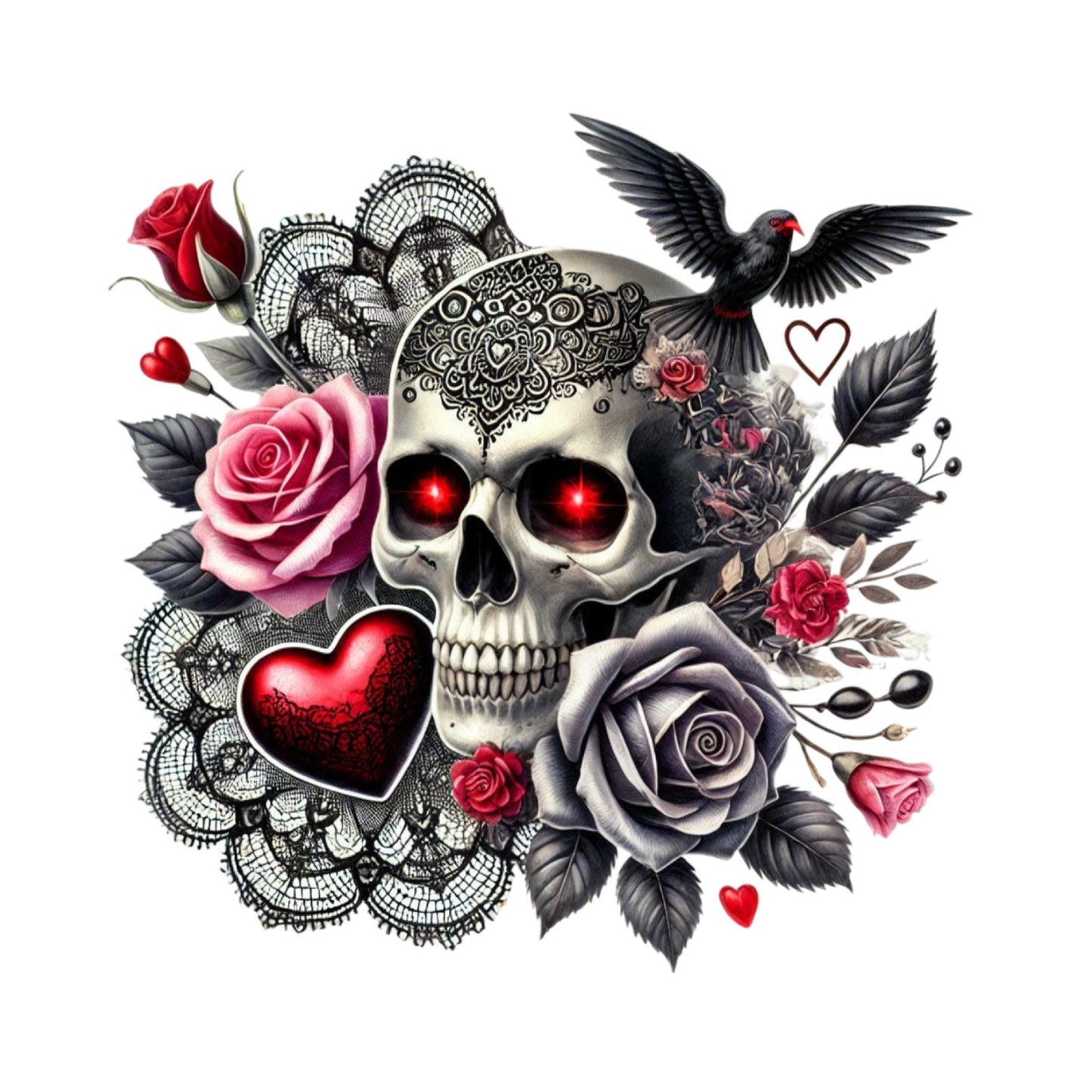Victorian Death Lace T-Shirt| Skull Roses Red & Black Crow Doily | Gothic | Dark Valentine