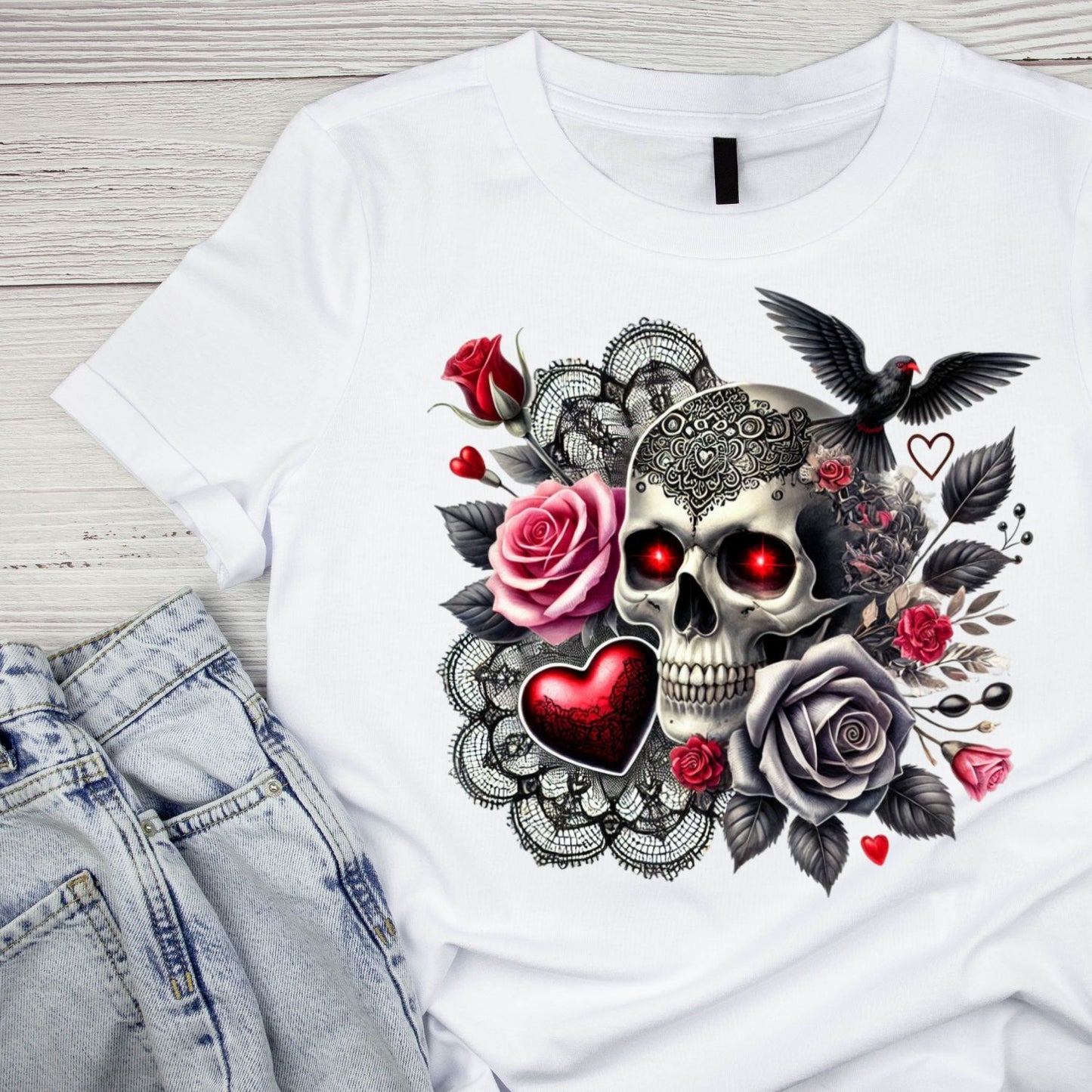 Victorian Death Lace T-Shirt| Skull Roses Red & Black Crow Doily | Gothic | Dark Valentine