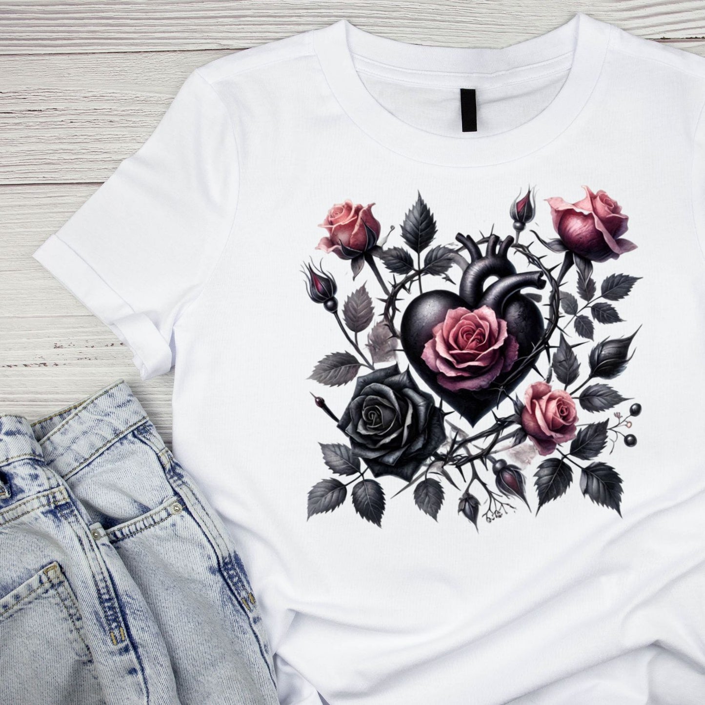 Pink & Black Roses Heart T-Shirt | Gothic | Dark Valentine