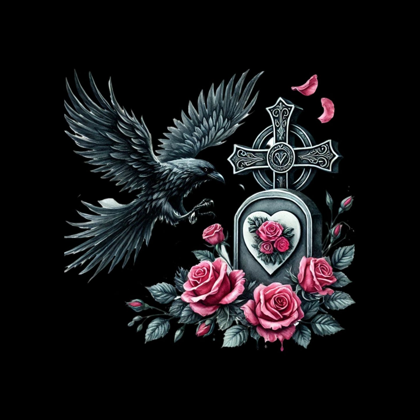 Crow Marks The Grave T-Shirt | Gothic | Tombstone Cross Pink & Black Roses | Dark Valentine