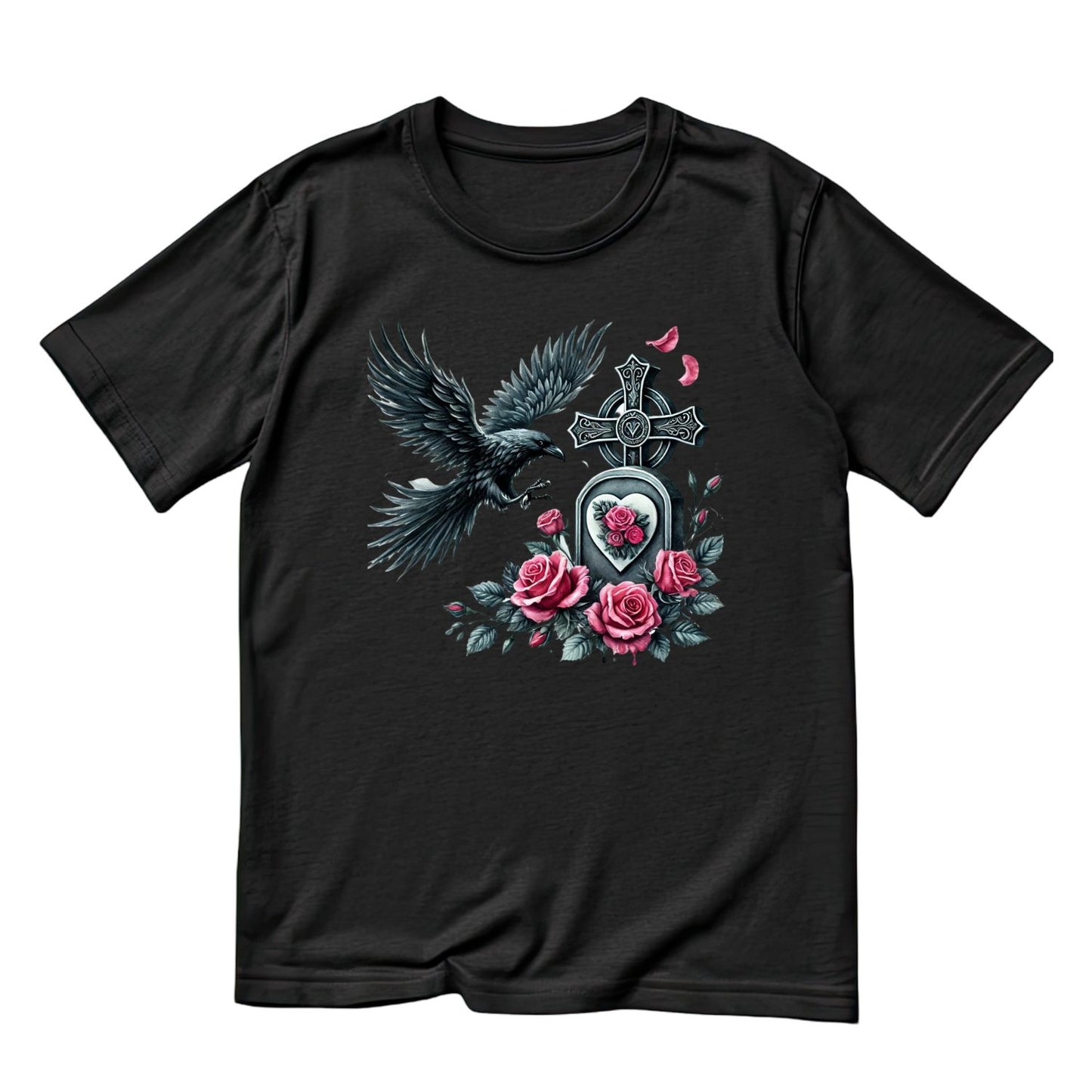 Crow Marks The Grave T-Shirt | Gothic | Tombstone Cross Pink & Black Roses | Dark Valentine