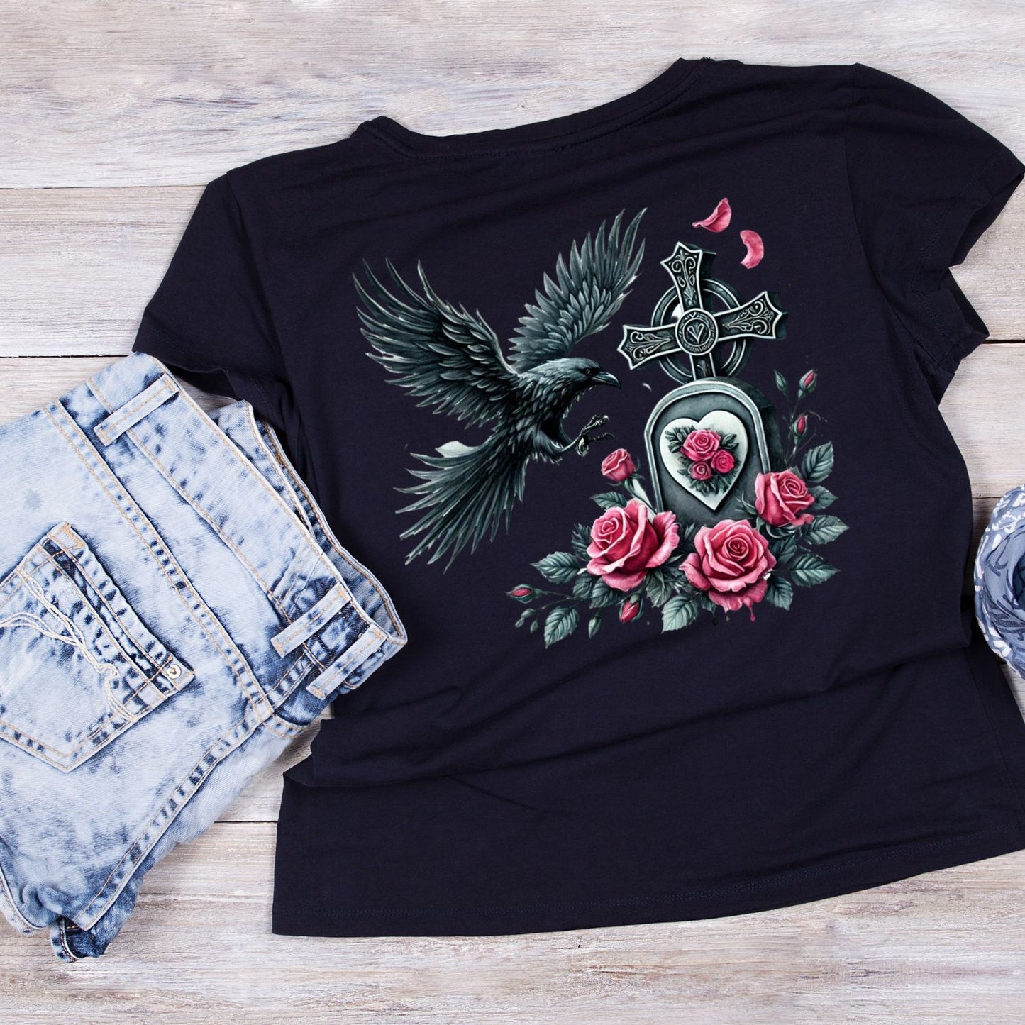 Crow Marks The Grave T-Shirt | Gothic | Tombstone Cross Pink & Black Roses | Dark Valentine