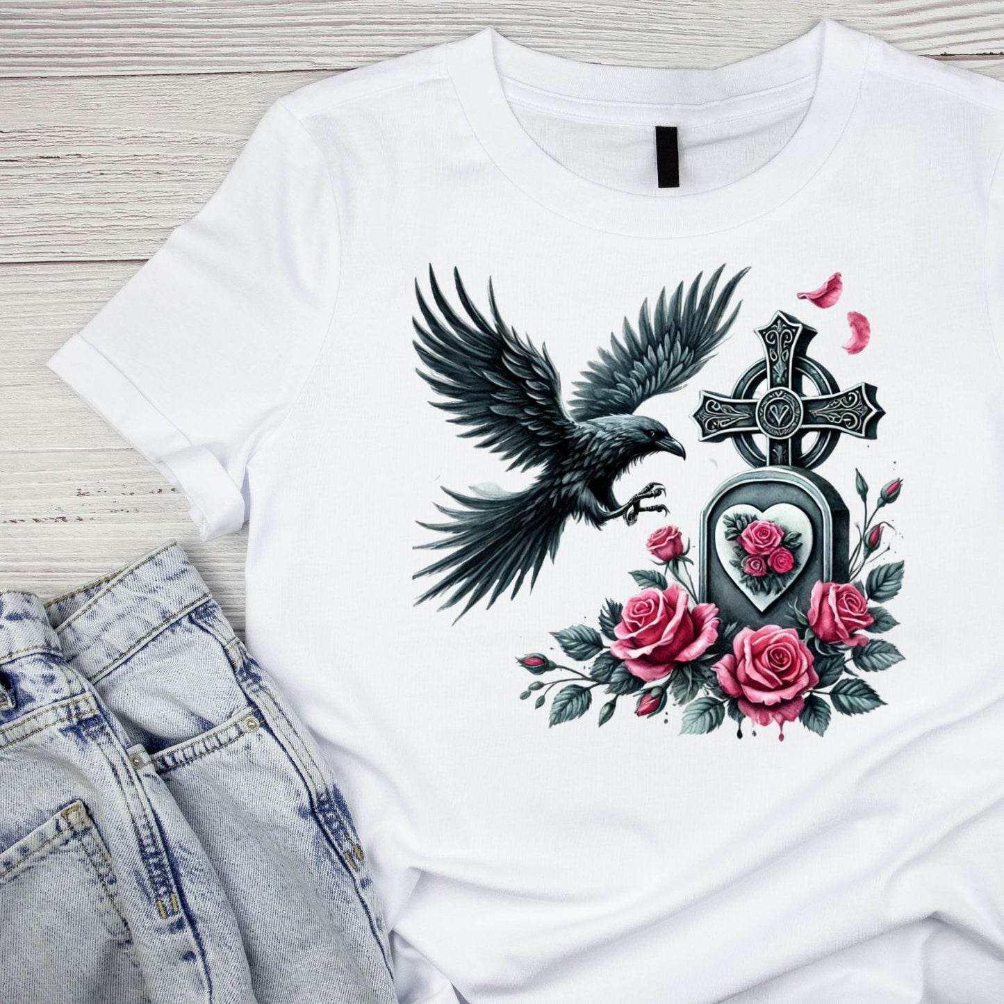 Crow Marks The Grave T-Shirt | Gothic | Tombstone Cross Pink & Black Roses | Dark Valentine