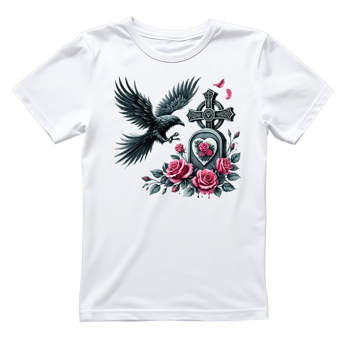Crow Marks The Grave T-Shirt | Gothic | Tombstone Cross Pink & Black Roses | Dark Valentine