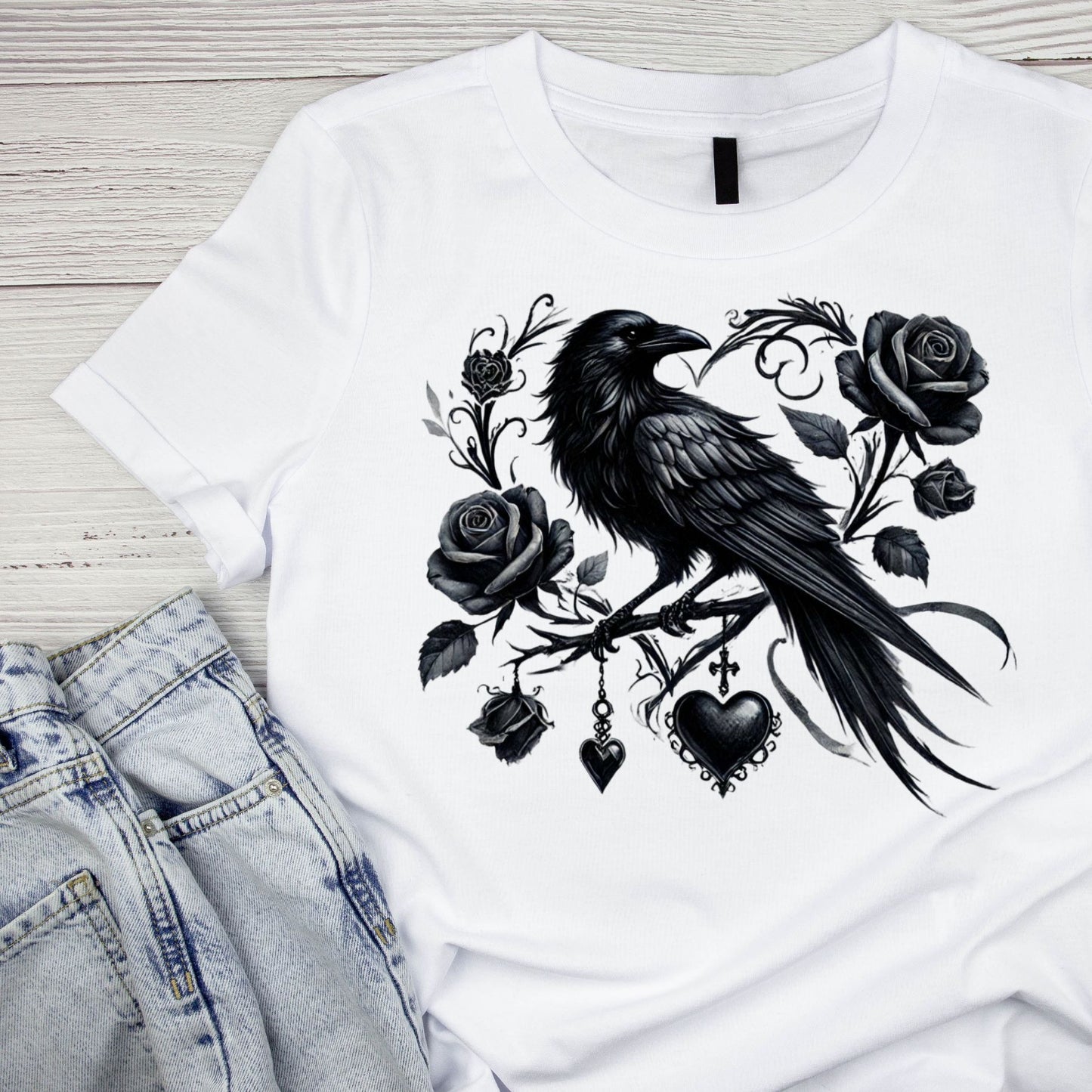 Midnight Crow T-shirt | Black Roses Crow on Branch | Gothic | Dark Valentine