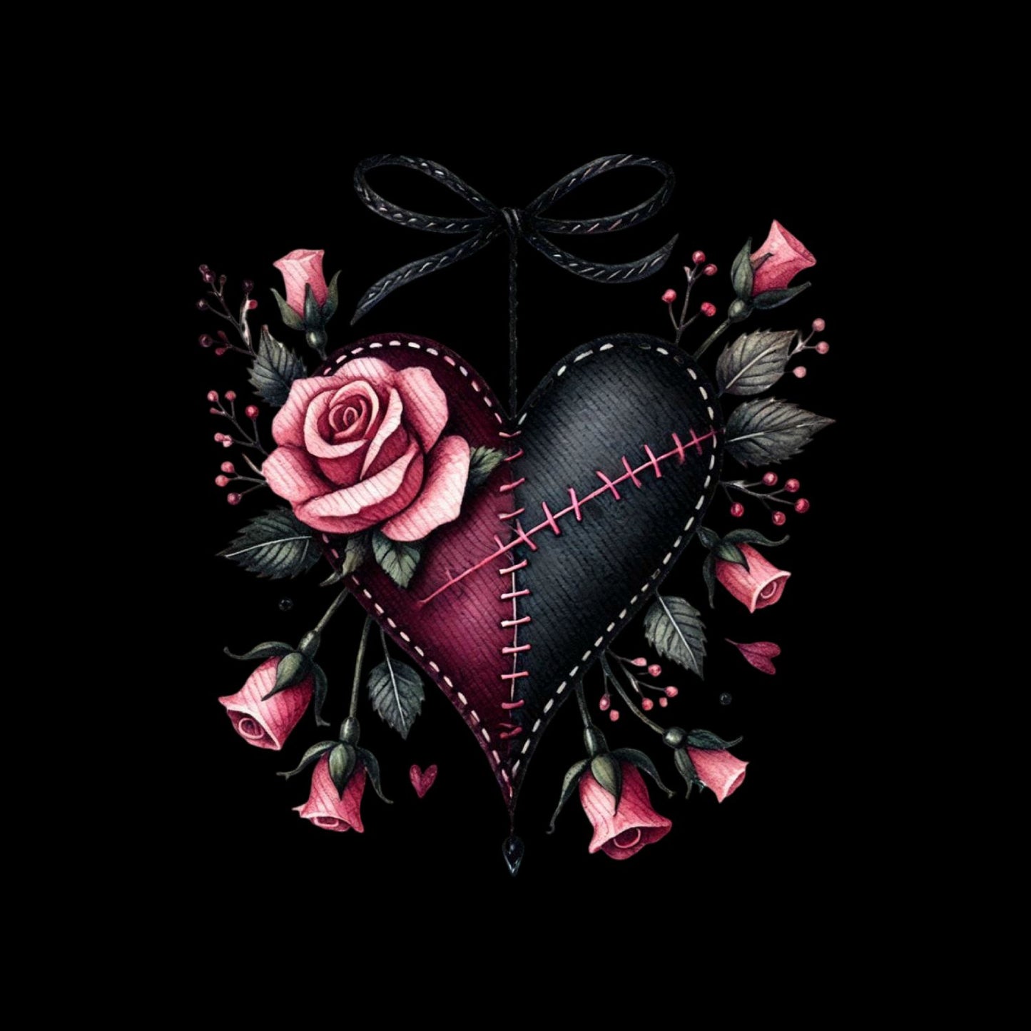 Stitched Heart Black Bow T-Shirt | Gothic | Rose Bouquet Pink & Black Roses| Dark Valentine