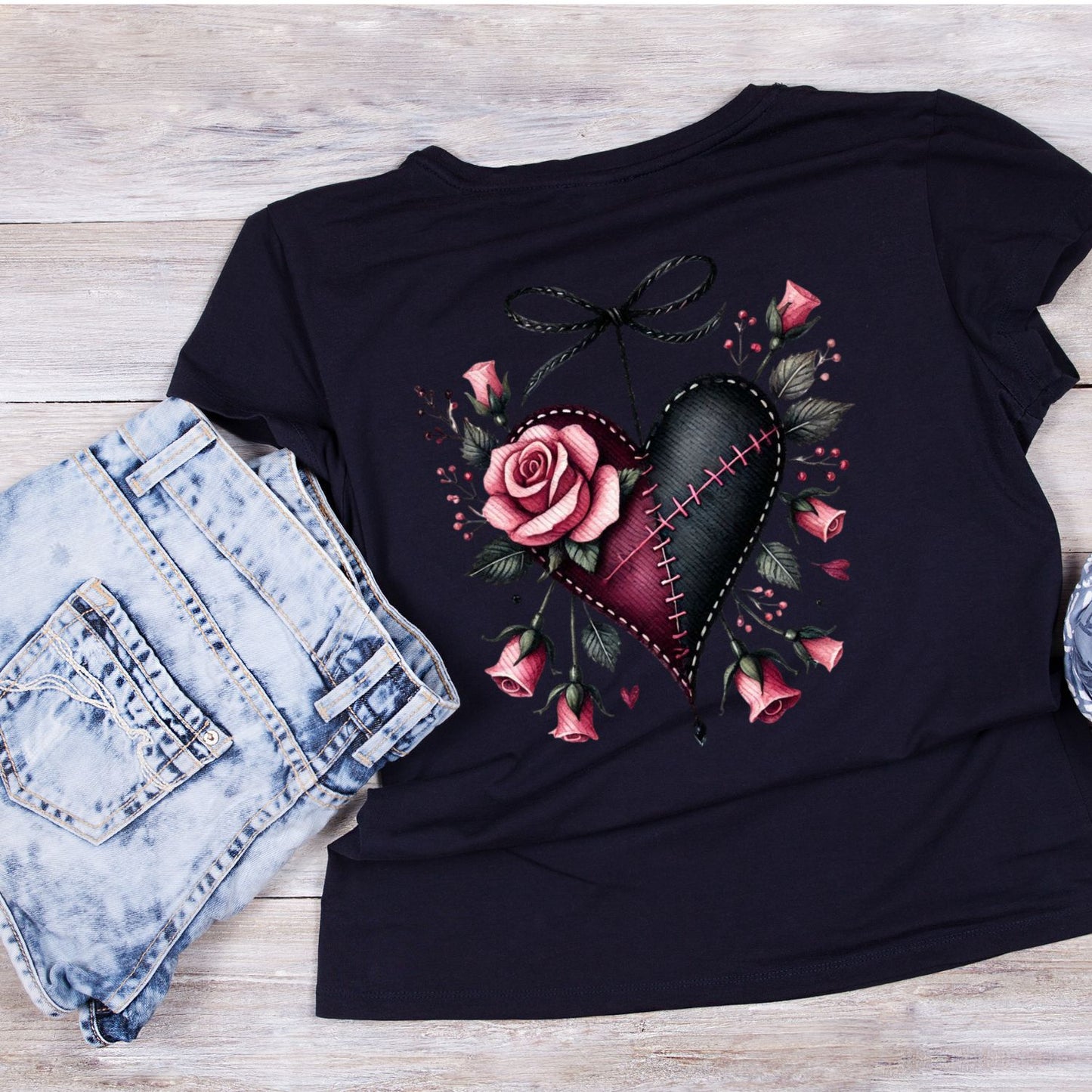 Stitched Heart Black Bow T-Shirt | Gothic | Rose Bouquet Pink & Black Roses| Dark Valentine