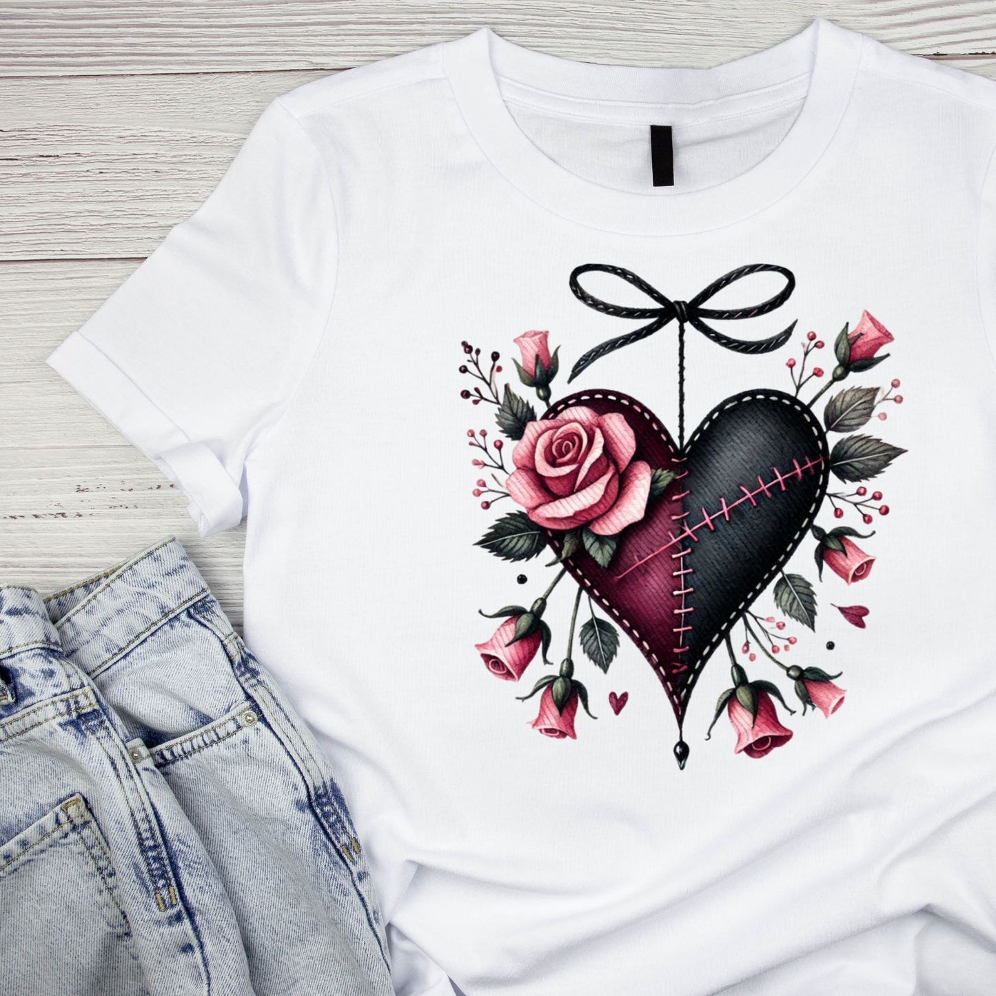 Stitched Heart Black Bow T-Shirt | Gothic | Rose Bouquet Pink & Black Roses| Dark Valentine