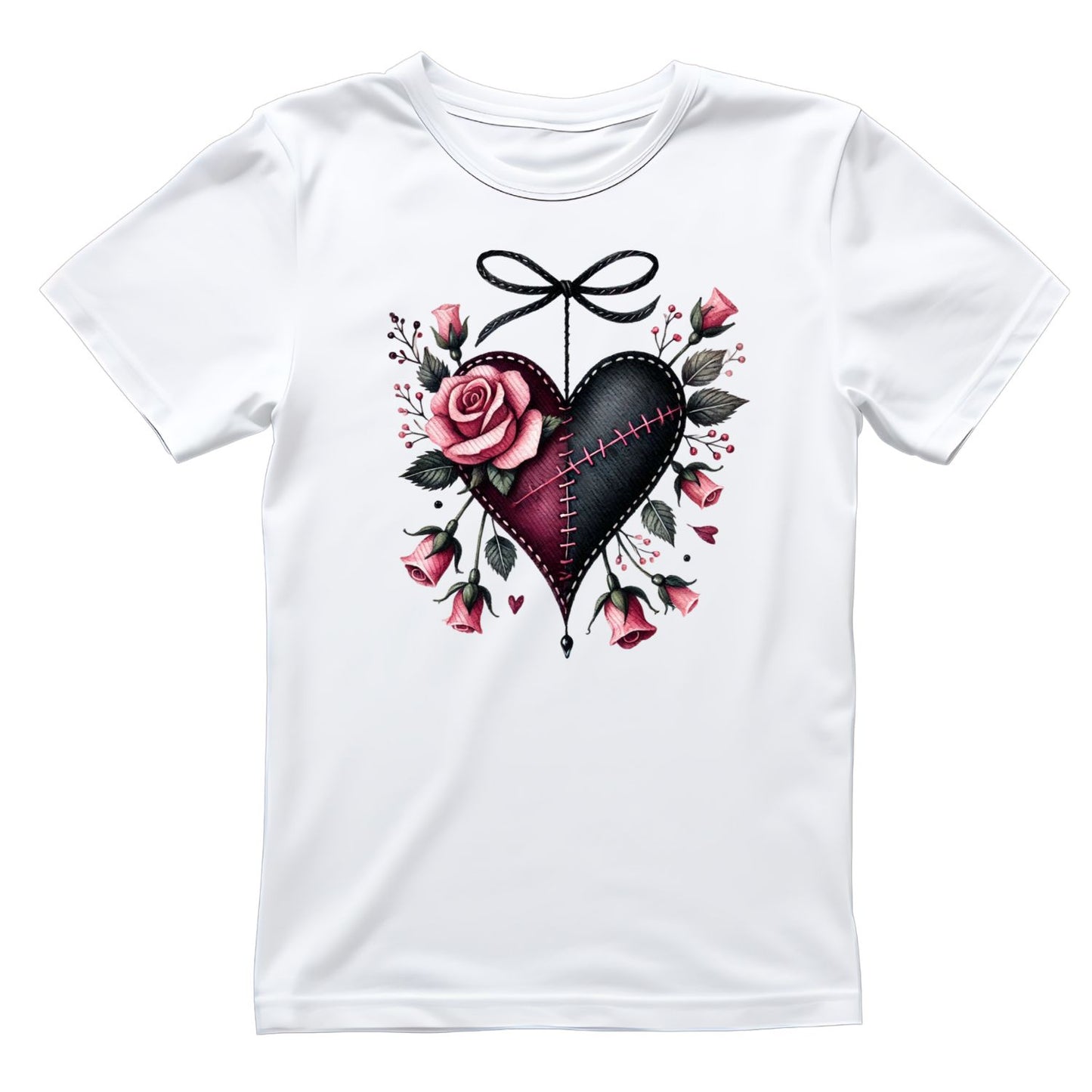 Stitched Heart Black Bow T-Shirt | Gothic | Rose Bouquet Pink & Black Roses| Dark Valentine