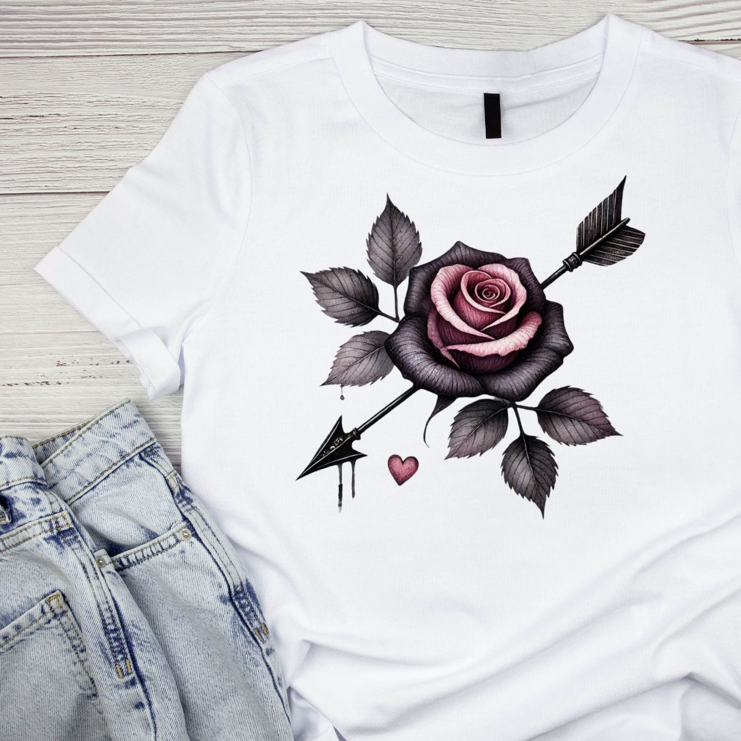 Pierced Devotion T-Shirt | Gothic | Dripping Arrow Through Pink & Black Rose | Dark Valentine