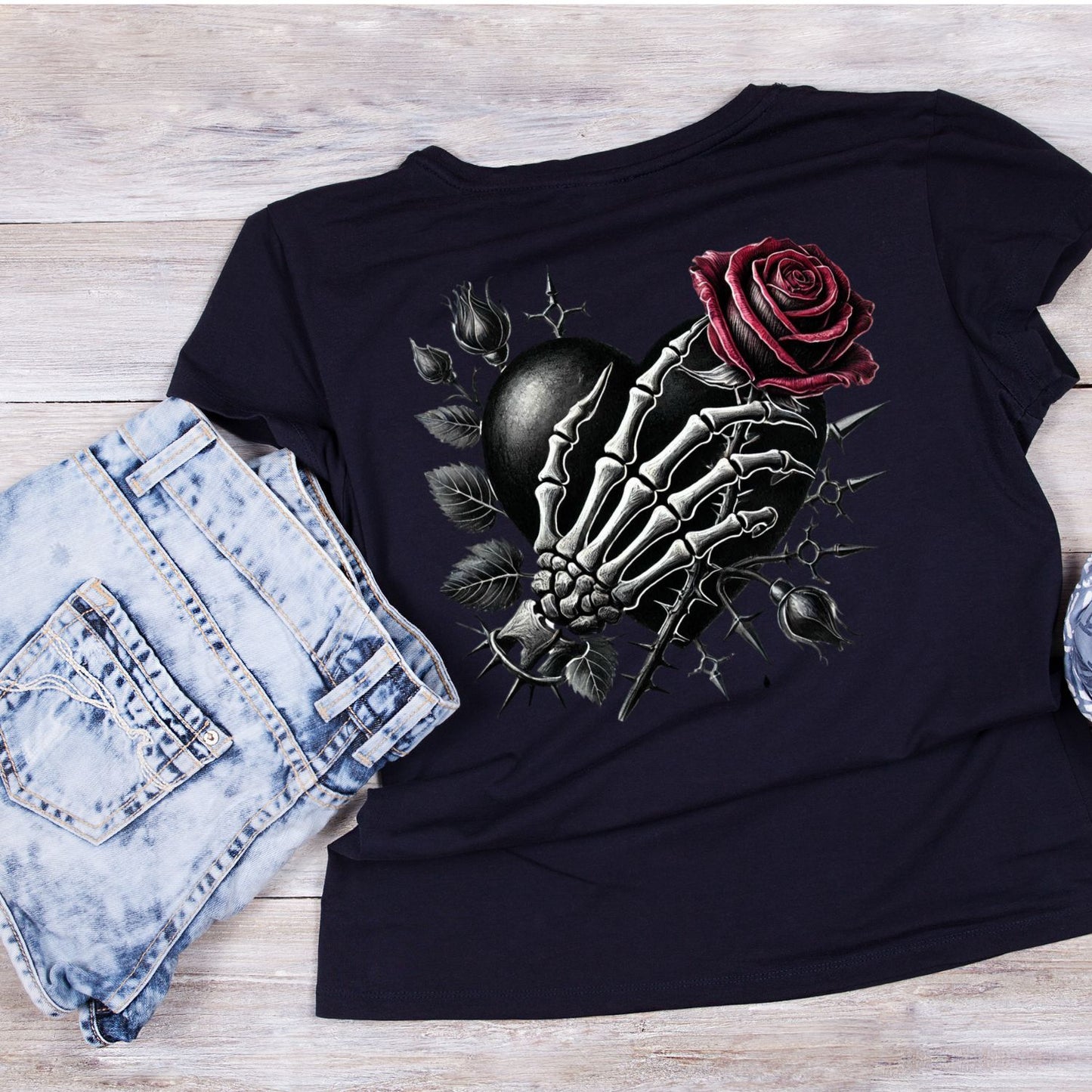 Deadly Offering T-Shirt| Skeleton Hand Roses Lace Black Ribbon | Gothic | Dark Valentine