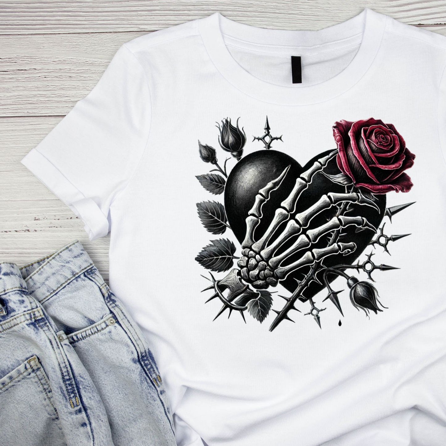 Deadly Offering T-Shirt| Skeleton Hand Roses Lace Black Ribbon | Gothic | Dark Valentine