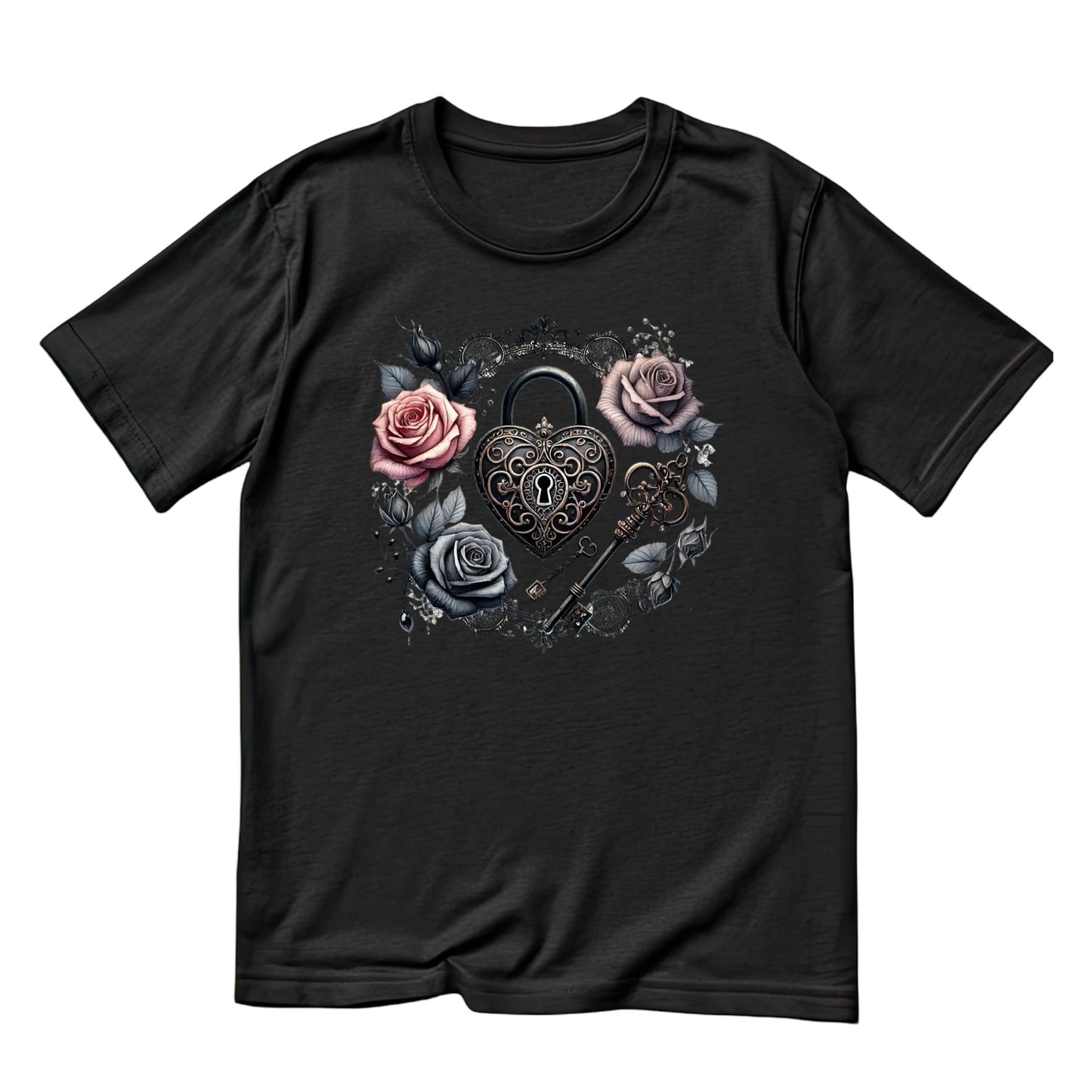 Lock & Key Roses T-Shirt | Gothic | Pink & Black Rose | Dark Valentine