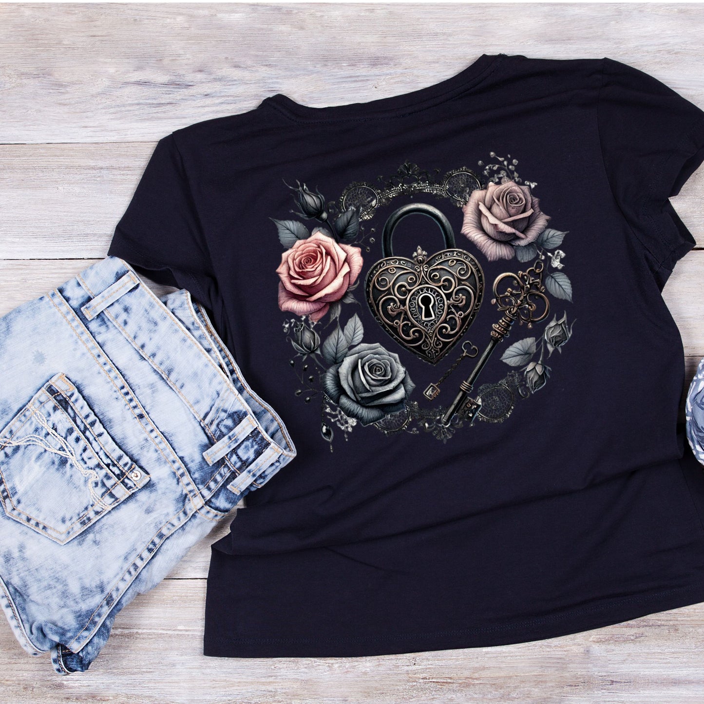 Lock & Key Roses T-Shirt | Gothic | Pink & Black Rose | Dark Valentine
