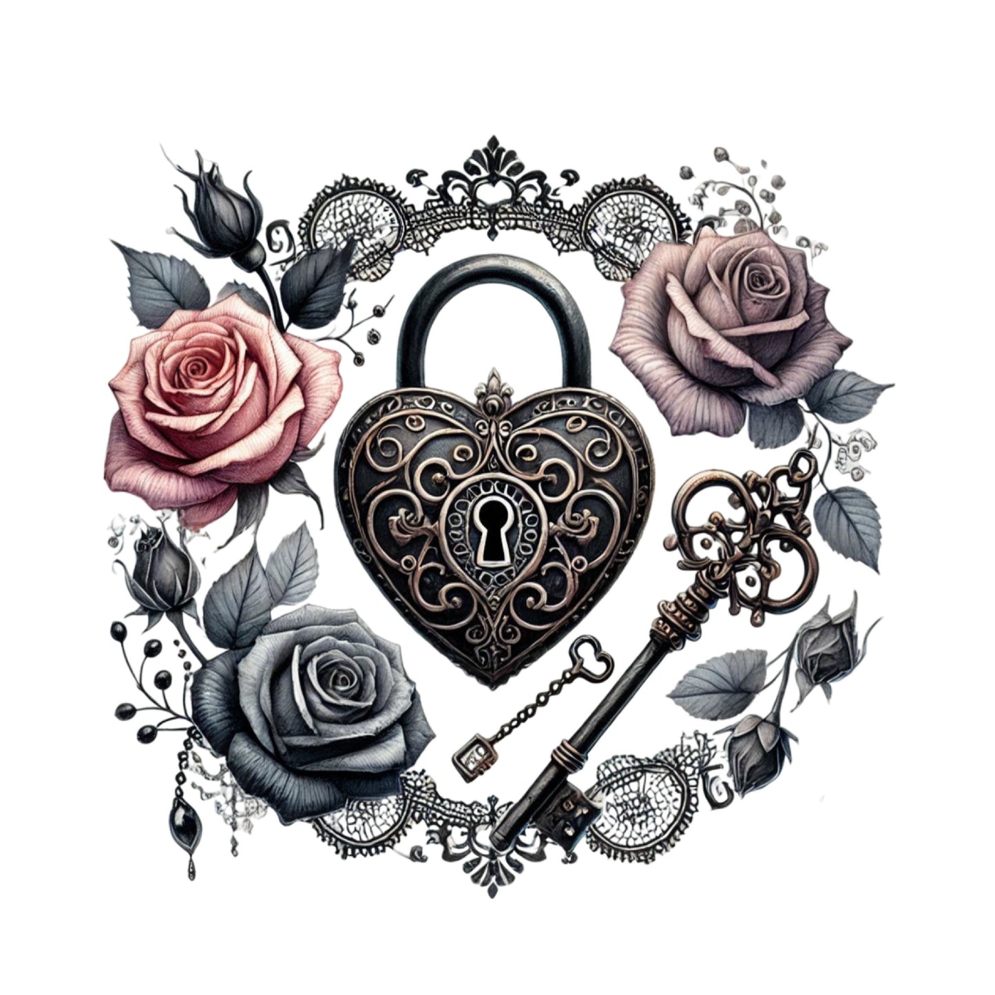 Lock & Key Roses T-Shirt | Gothic | Pink & Black Rose | Dark Valentine